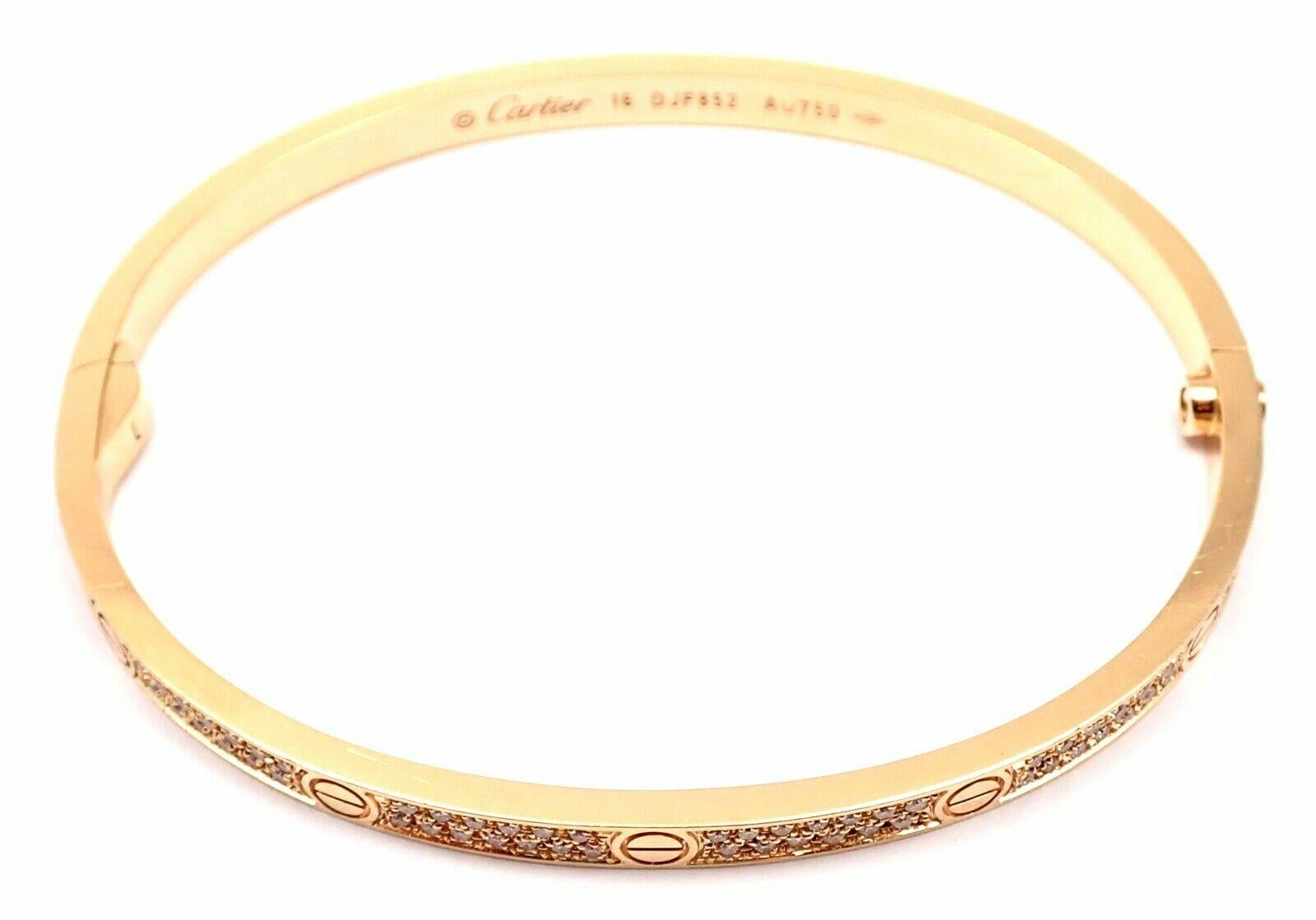Cartier Love Pave Diamond Small Model Rose Gold Bangle Bracelet In Excellent Condition In Holland, PA