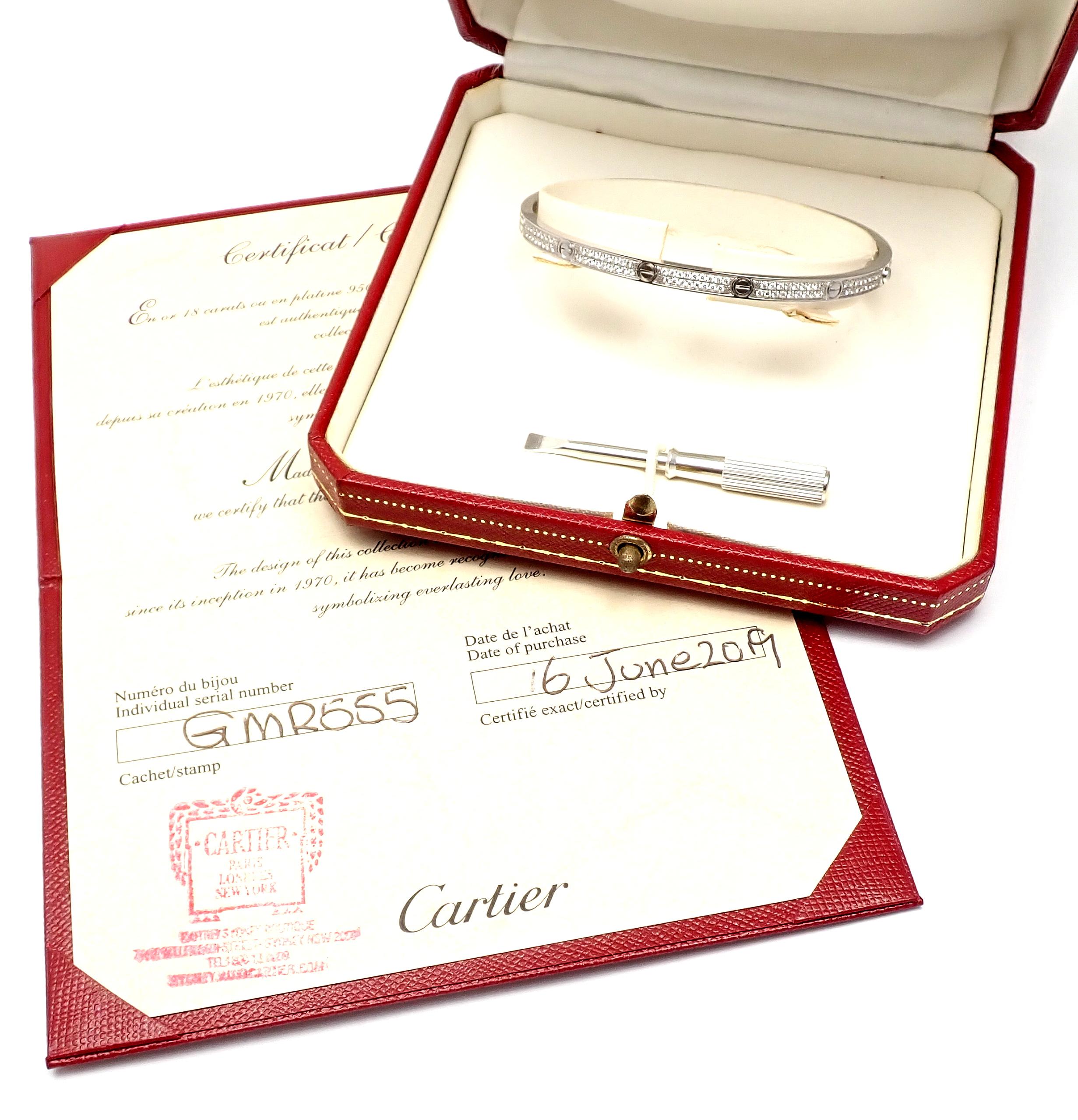 18k White Gold Pave Diamond LOVE Small Model Bangle Bracelet by Cartier. SIZE 18. 
This bracelet comes with Cartier certificate, Cartier sale invoice and Cartier box.
With 177 round brilliant cut diamonds VVS1 clarity, E color total weight approx.