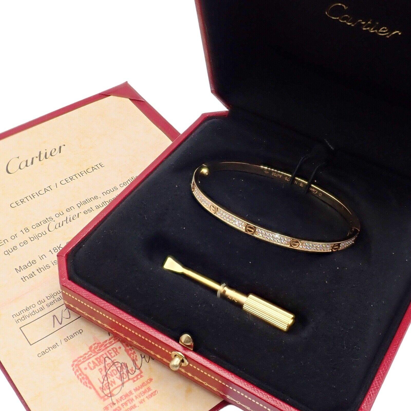 Brilliant Cut Cartier Love Pave Diamond Small Model Yellow Gold Bangle Bracelet For Sale