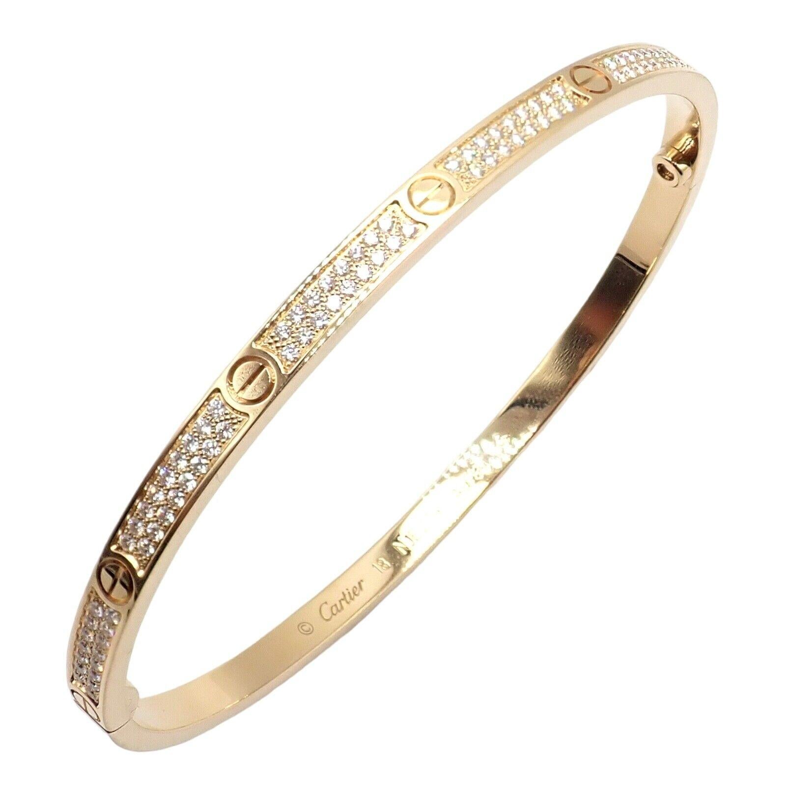 Cartier Love Pave Diamond Small Model Yellow Gold Bangle Bracelet In Excellent Condition For Sale In Holland, PA