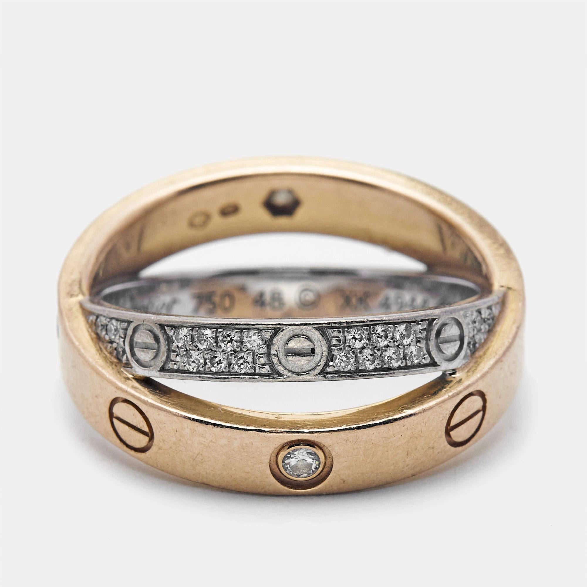 The Cartier Love ring is an icon of romance and luxury. This is an updated version that arrives in two bands - one is in 18k white gold set with diamonds all over and the other band is in 18k rose gold detailed with four diamonds. The rings feature