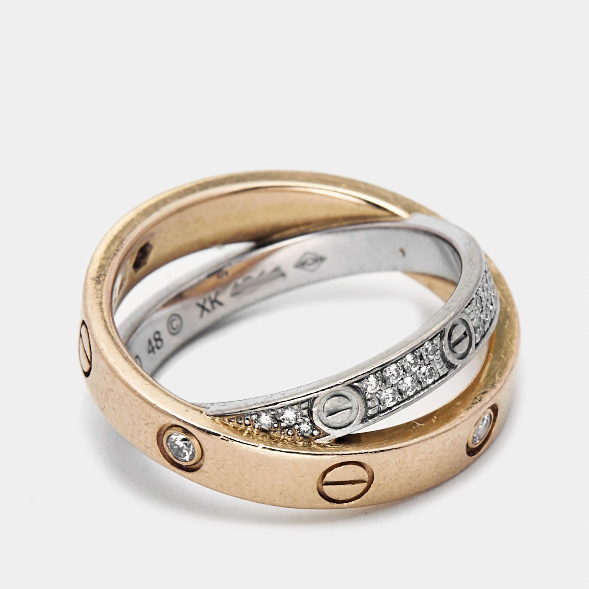 Cartier Love Pave Diamond Two Tone 18K Gold Double Band Ring Size 48 In Fair Condition For Sale In Dubai, Al Qouz 2