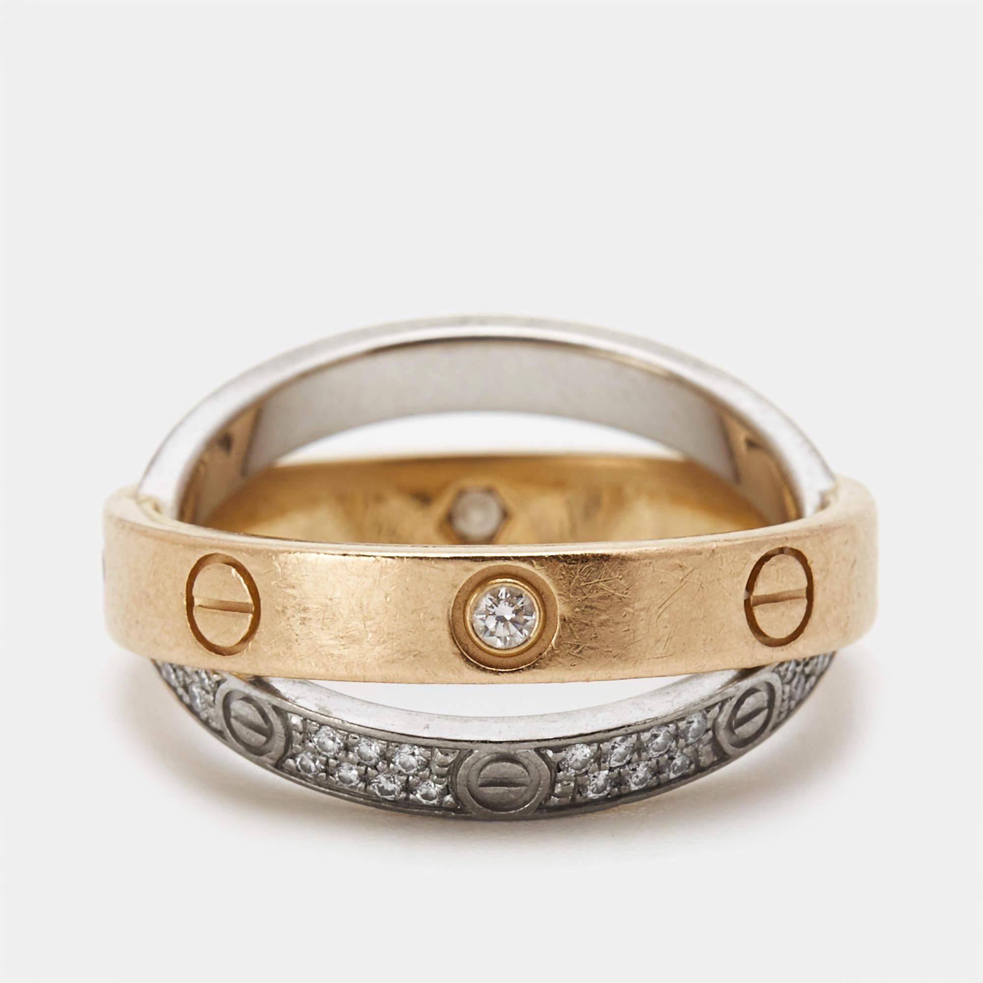 Women's Cartier Love Pave Diamond Two Tone 18K Gold Double Band Ring Size 48 For Sale