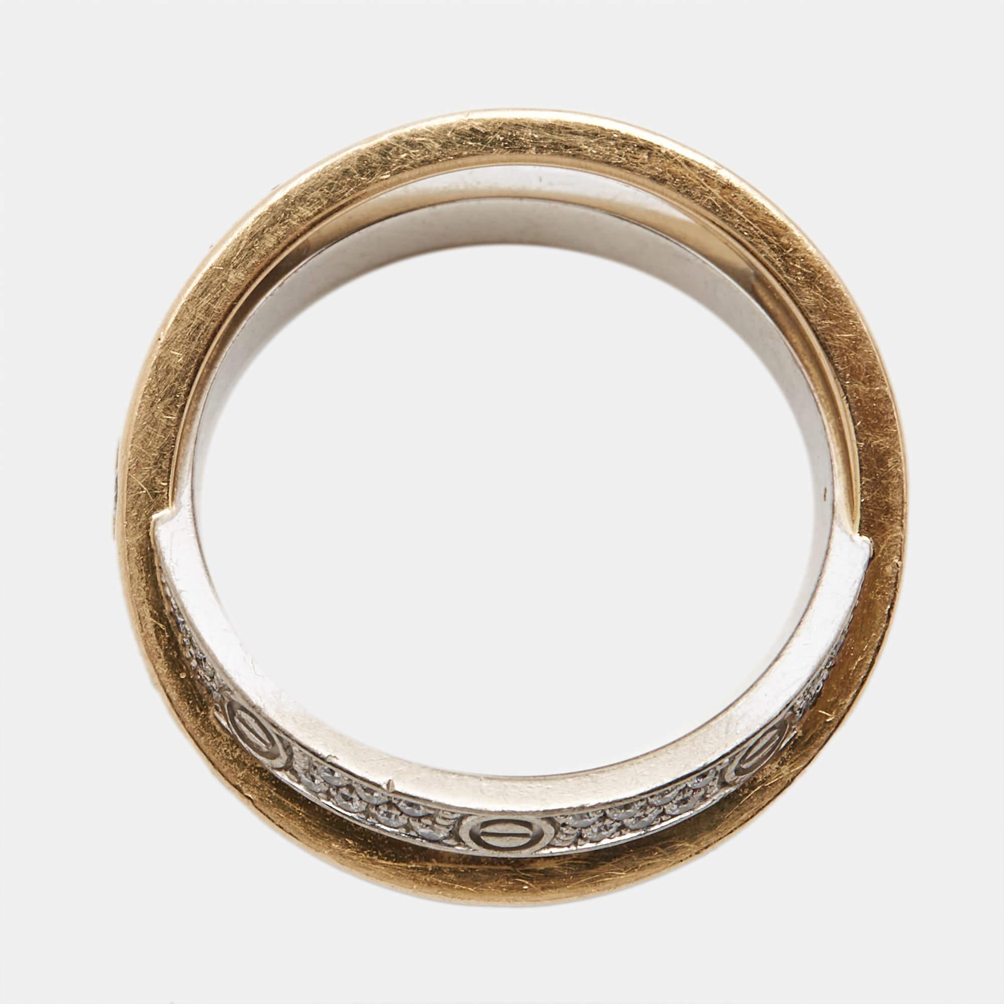 Cartier Love Pave Diamond Two Tone 18K Gold Double Band Ring Size 48 For Sale 1
