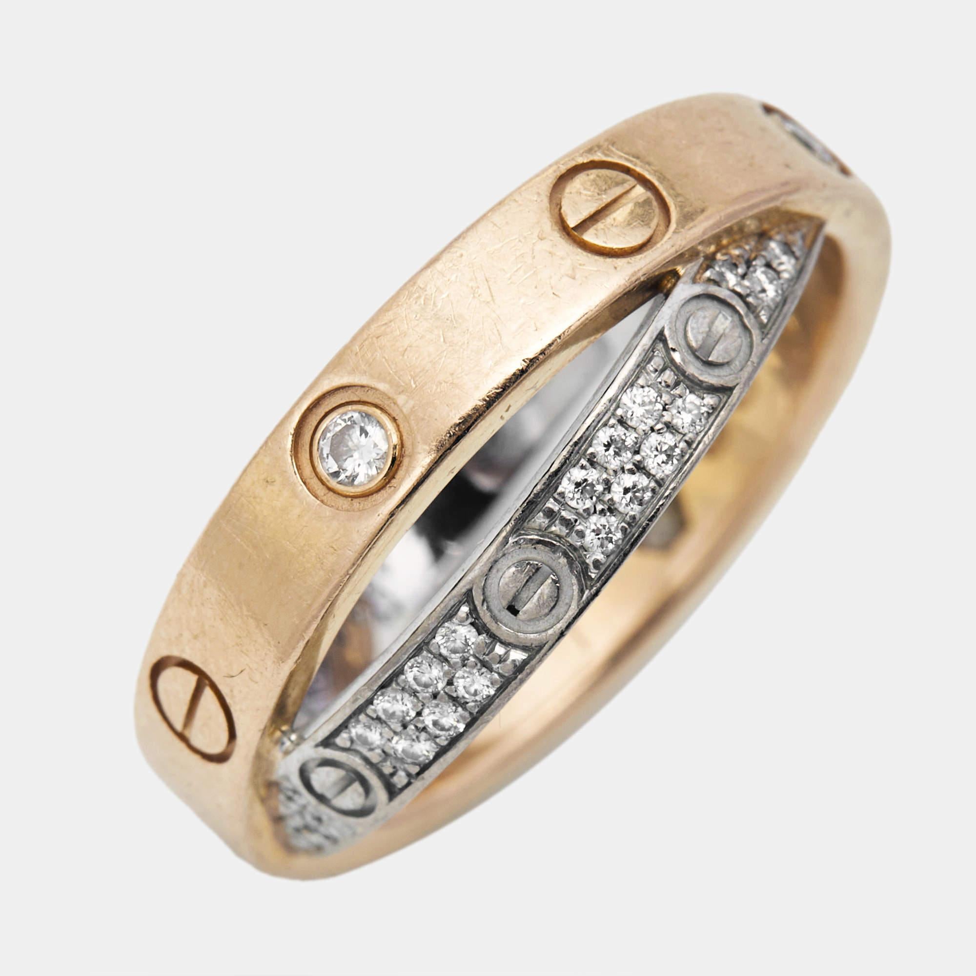 Cartier Love Pave Diamond Two Tone 18K Gold Double Band Ring Size 48 For Sale 2