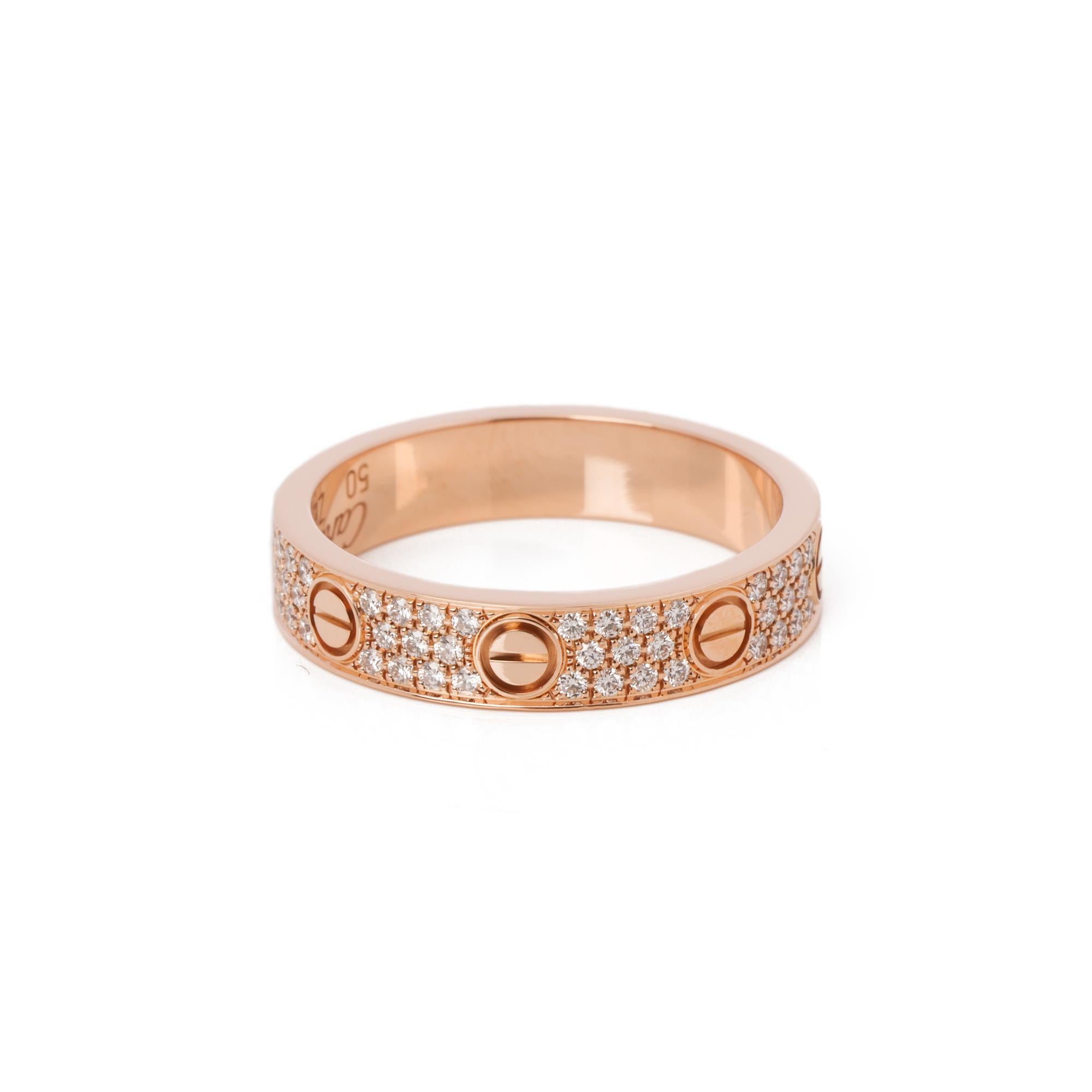 Contemporary Cartier Pave Diamond 18ct Rose Gold Medium Love Wedding Band Ring For Sale