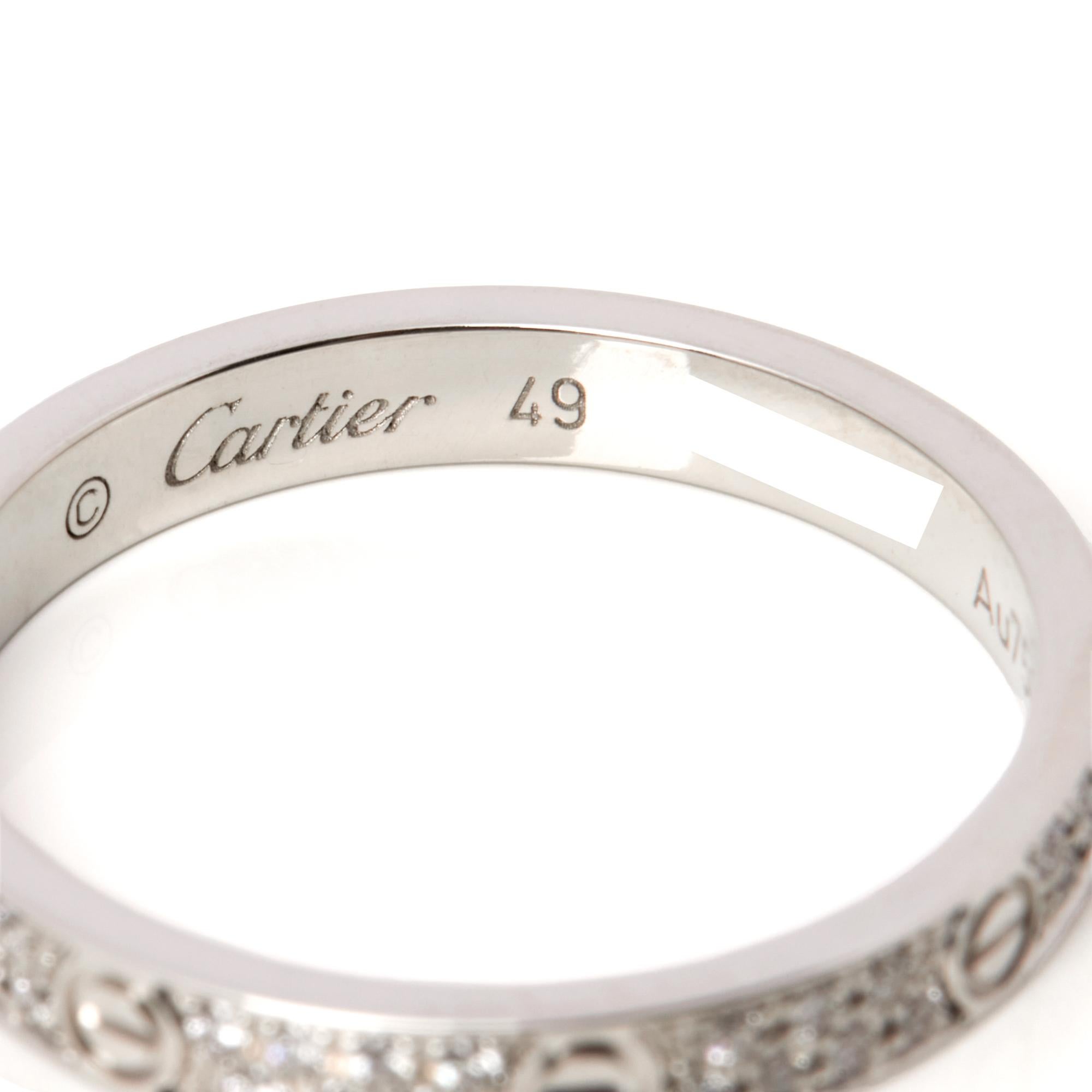 RRP	£4,850
ITEM CONDITION	Excellent
XUPES REFERENCE	J862
MANUFACTURER	Cartier
MODEL	Love
MODEL REFERENCE	MDY543
AGE	2021
GENDER	Women's
ACCOMPANIED BY	Box & Papers
UK RING SIZE	J 1/2
EU RING SIZE	49
US RING SIZE	4.75
BAND WIDTH	2.6mm
TOTAL