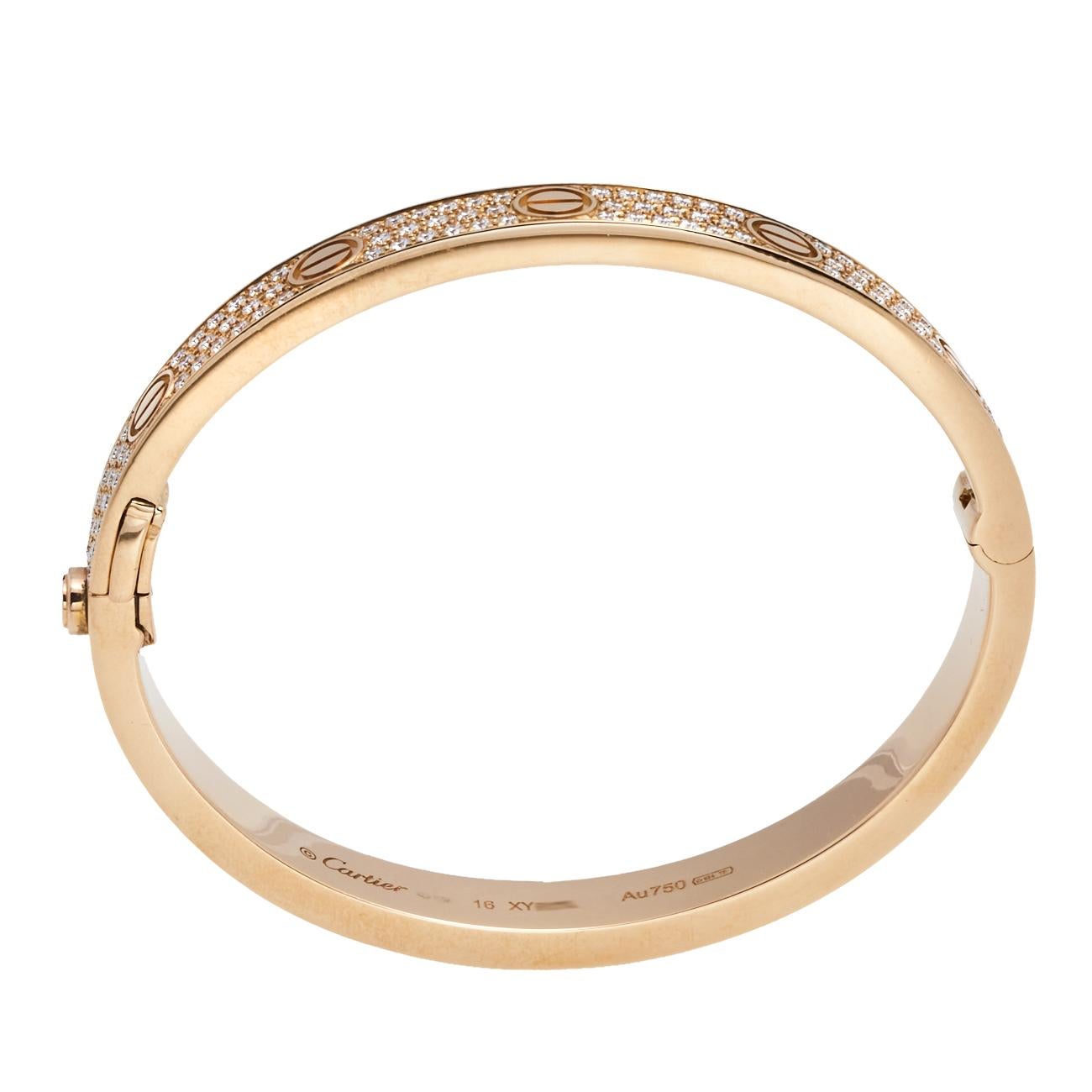 Cartier Love Paved Diamond 18K Rose Gold Cuff Bracelet 16 In Good Condition In Dubai, Al Qouz 2