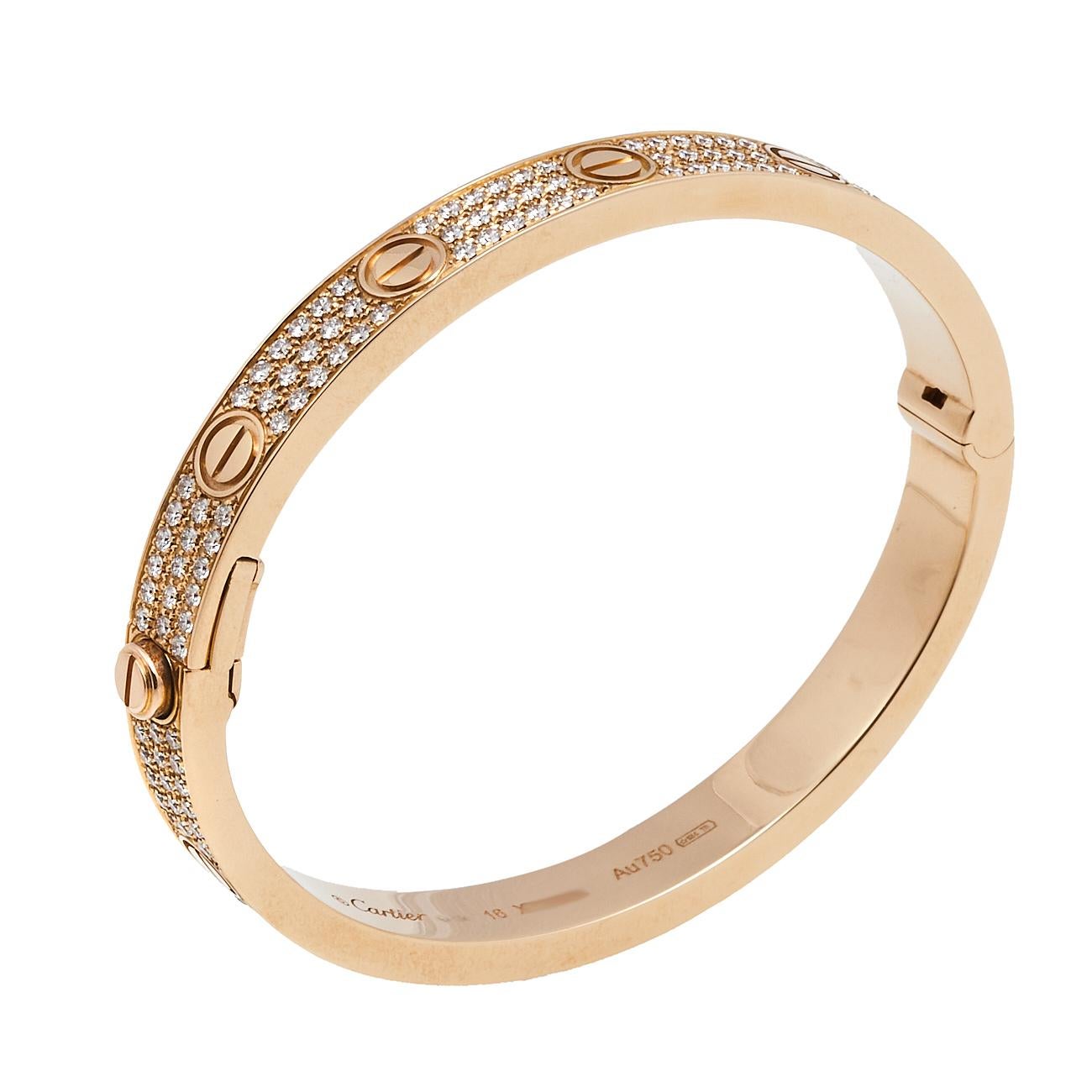 Women's Cartier Love Paved Diamond 18K Rose Gold Cuff Bracelet 16