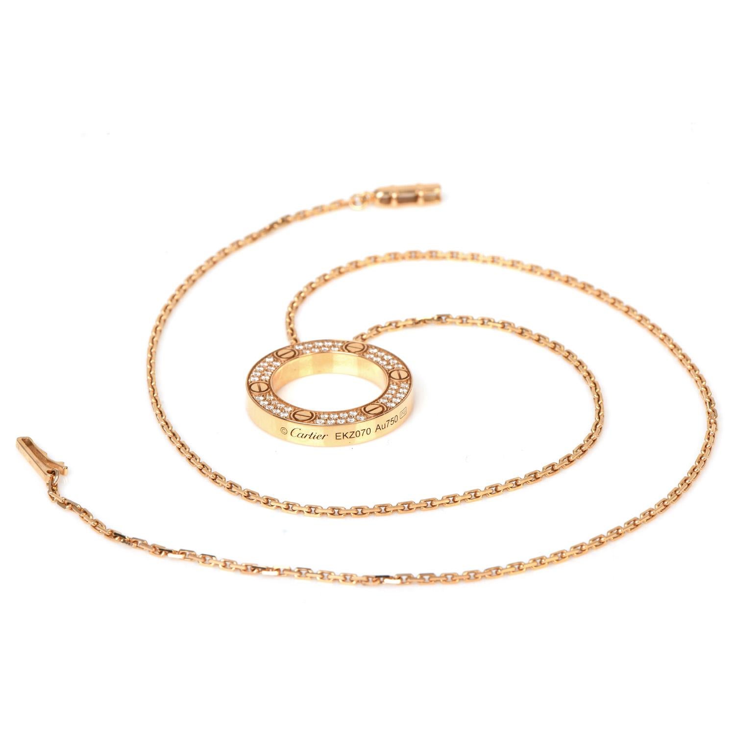 Round Cut Cartier LOVE Paved Diamond 18K Rose Gold Round Pendant Chain Necklace