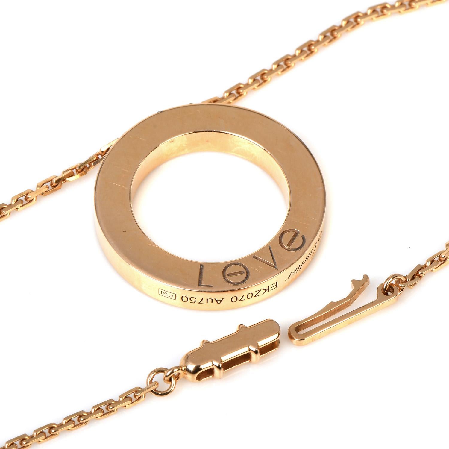 Women's or Men's Cartier LOVE Paved Diamond 18K Rose Gold Round Pendant Chain Necklace