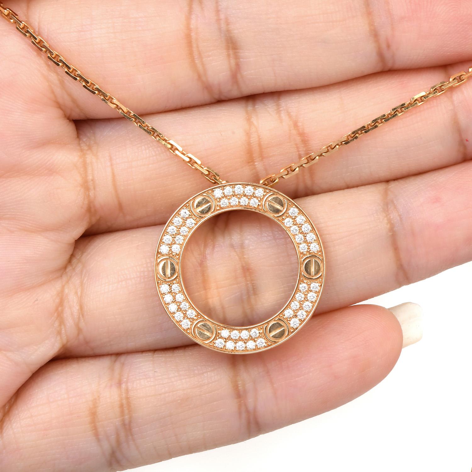Cartier LOVE Paved Diamond 18K Rose Gold Round Pendant Chain Necklace 1