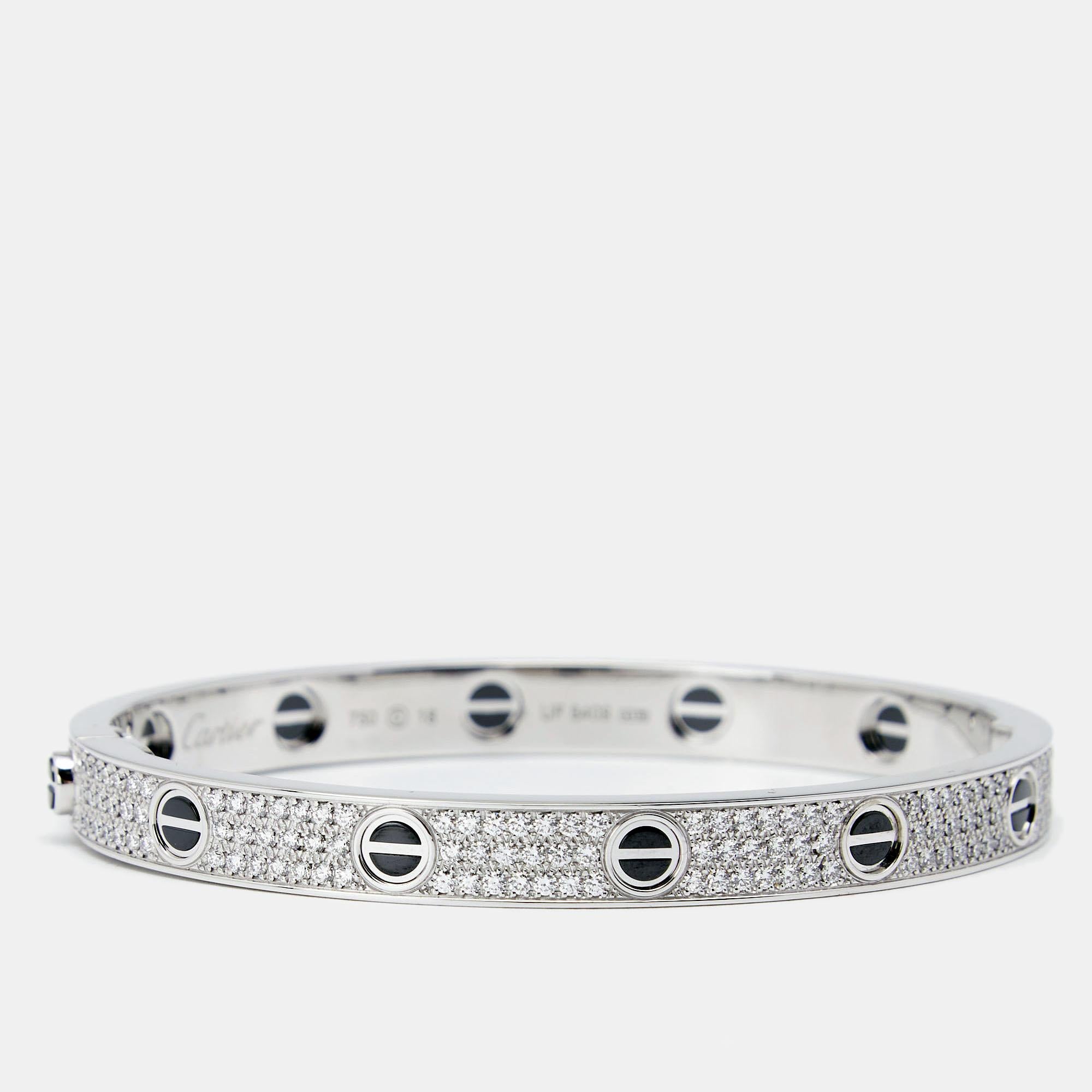 Precious stones are used to transform this Cartier Love bracelet into an exceptional jewel you can wear on special days. Sculpted using 18k white gold and covered in incredible diamonds, the bracelet is a treat to the eyes. It is also added with the