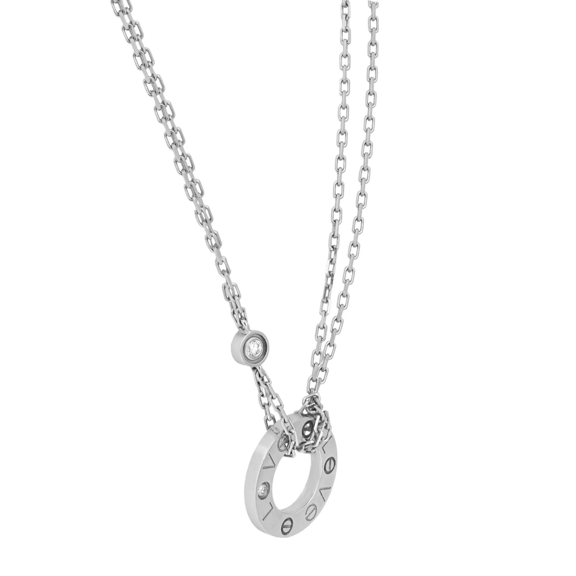 Taglio rotondo Cartier Love Collana 2 diamanti in oro bianco 18 carati 0,03 carati in vendita
