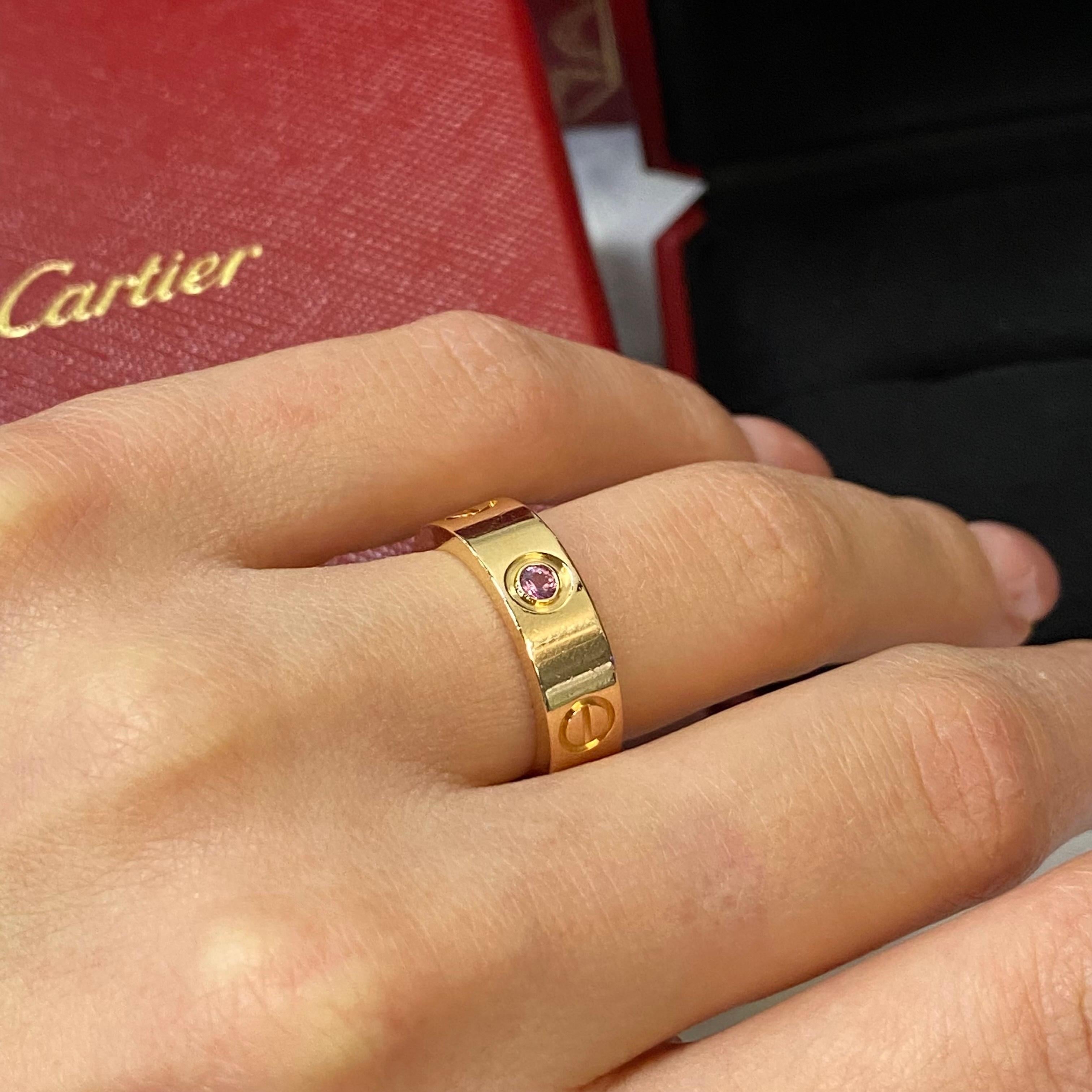 Round Cut Cartier Love Pink Sapphire Ring 18K Rose Gold Size 50 US 5.25 For Sale