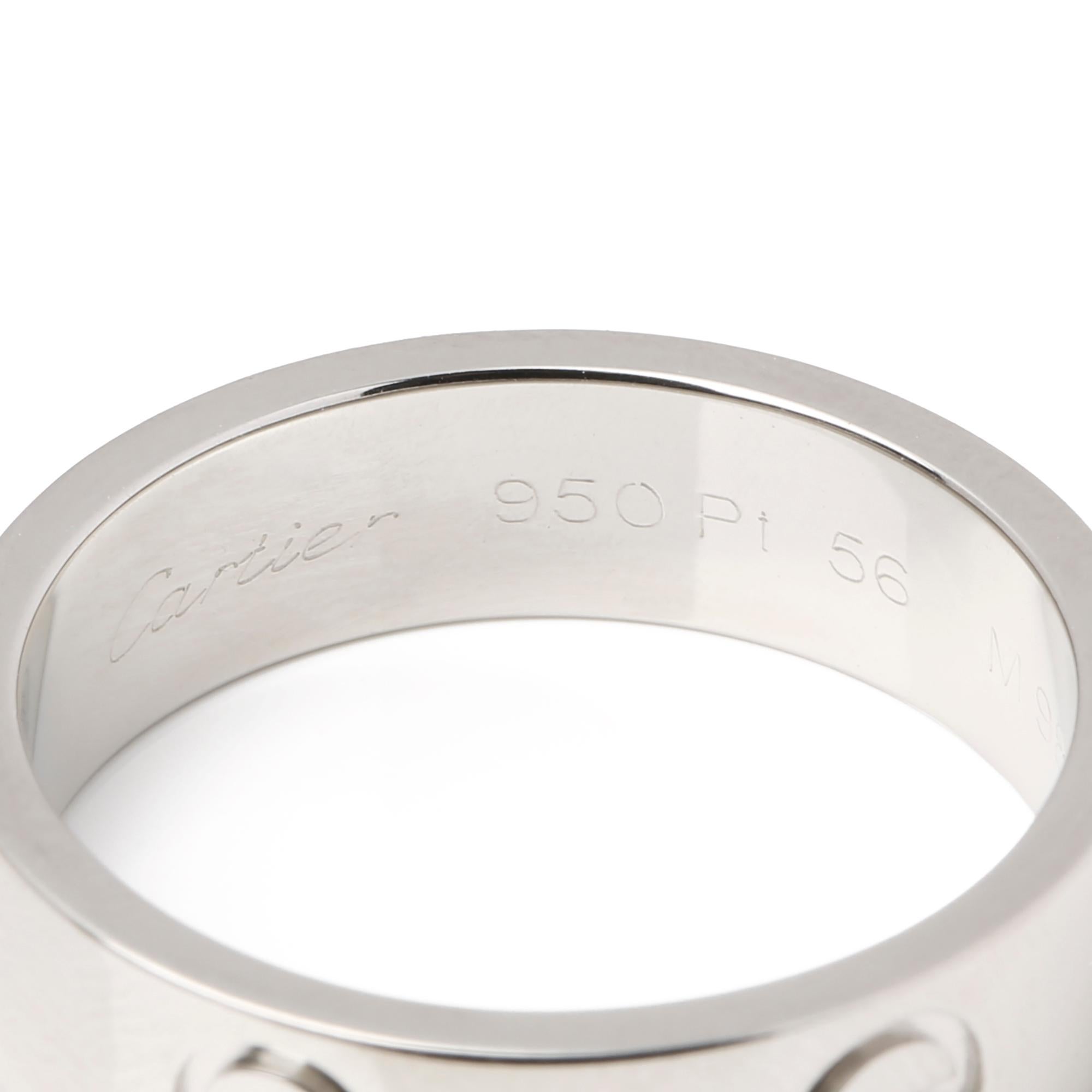 This ring by Cartier is from their Love collection and features their iconic screw detailing set in Platinum. UK ring size P. EU ring size 65. US ring size 7 1/2. Complete with a Xupes presentation box. Our Xupes reference is COMJ536 should you need