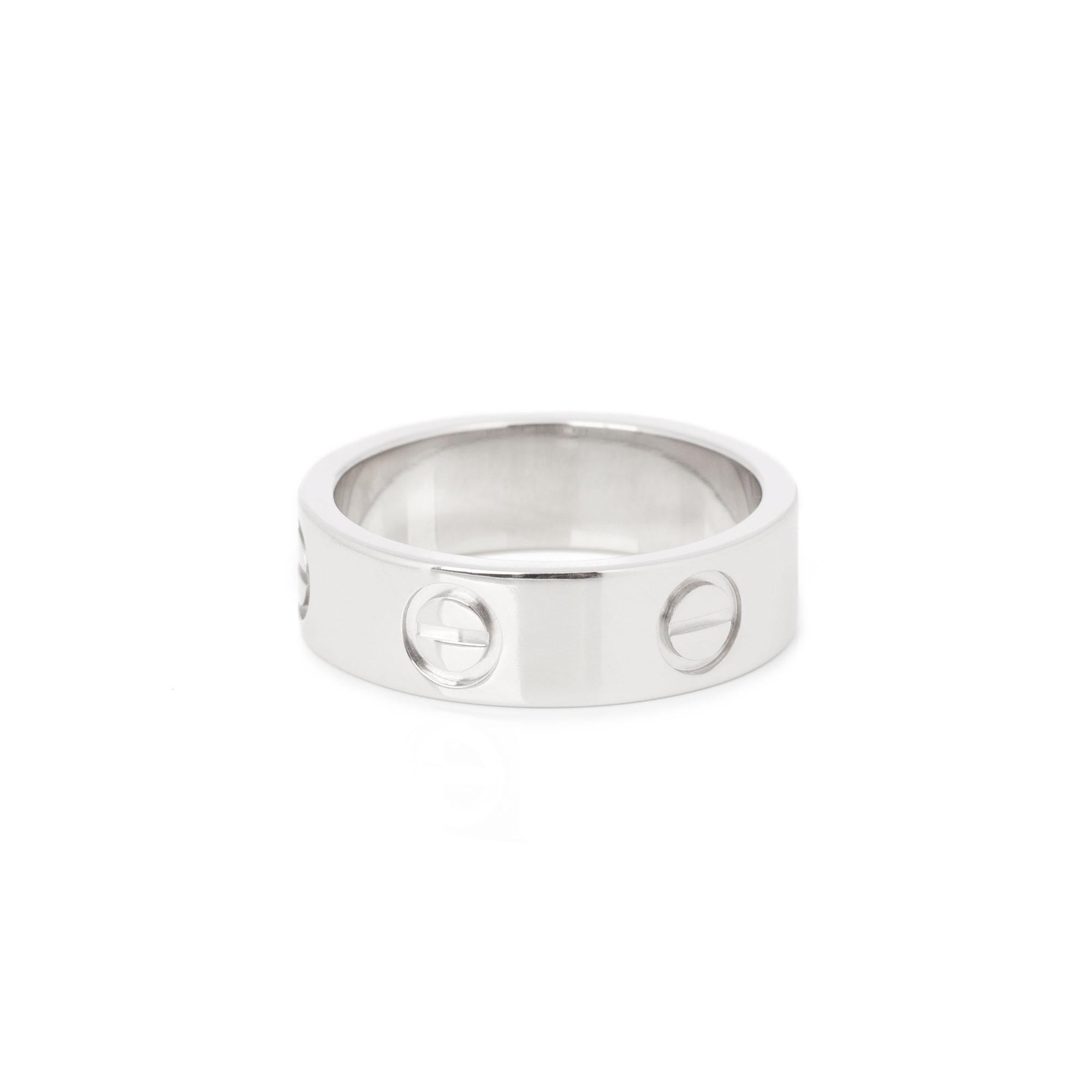 Cartier Platinum Love Band Ring

Brand Cartier
Model Platinum Love Band Ring
Product Type Ring
Serial Number AT****
Accompanied By Cartier Pouch
Material(s) Platinum
UK Ring Size K
EU Ring Size 50
US Ring Size 5 1/4
Resizing Possible No
Band Width