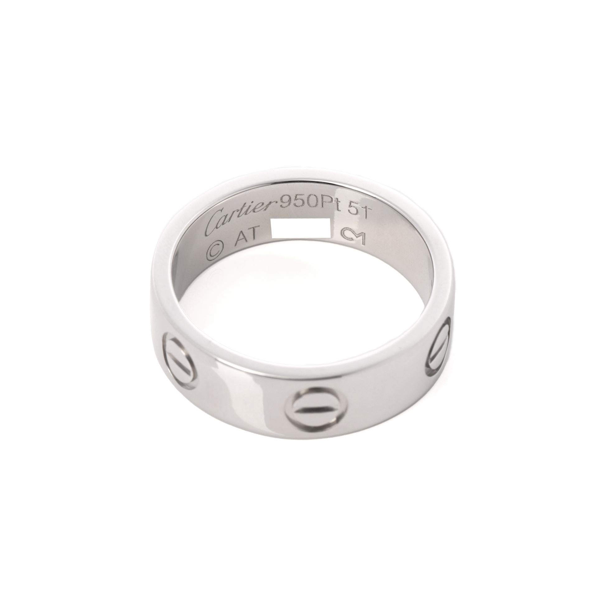 Cartier Platinum Love Band Ring

Brand Cartier
Model Platinum Love Band Ring
Product Type Ring
Serial Number AT*****
Material(s) Platinum
UK Ring Size L
EU Ring Size 51
US Ring Size 5 3/4
Resizing Possible No
Band Width 5.4mm
Total Weight 8.8g
Model