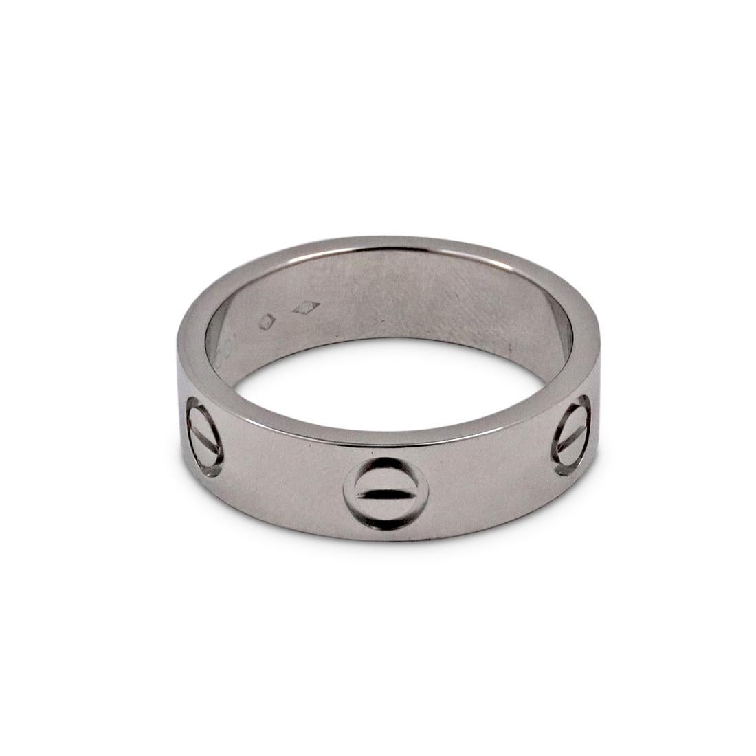 Authentic Cartier 'Love' ring crafted in platinum. Signed Cartier, 950PT, 55, 2001, with serial number and hallmarks. Size 55 (7 1/4 US). The ring is presented with the original box, no papers. CIRCA 2000s.

Brand: Cartier
Collection: Love
Metal: