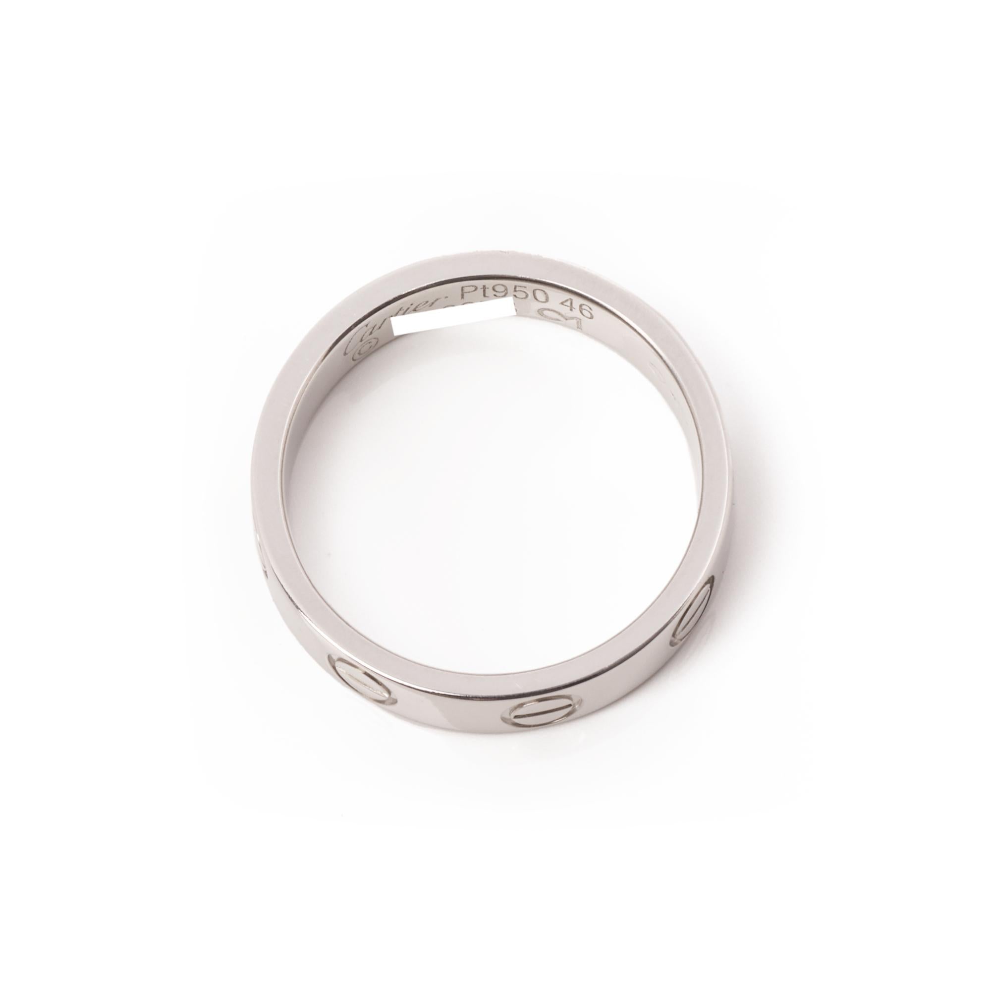 Cartier Platinum Love Wedding Band Ring

Brand Cartier
Model Love Wedding Band
Product Type Ring
Serial Number FF****
Material(s) Platinum
UK Ring Size H
EU Ring Size 46
US Ring Size 3 3/4
Resizing Possible No
Band Width 3.7mm
Total Weight