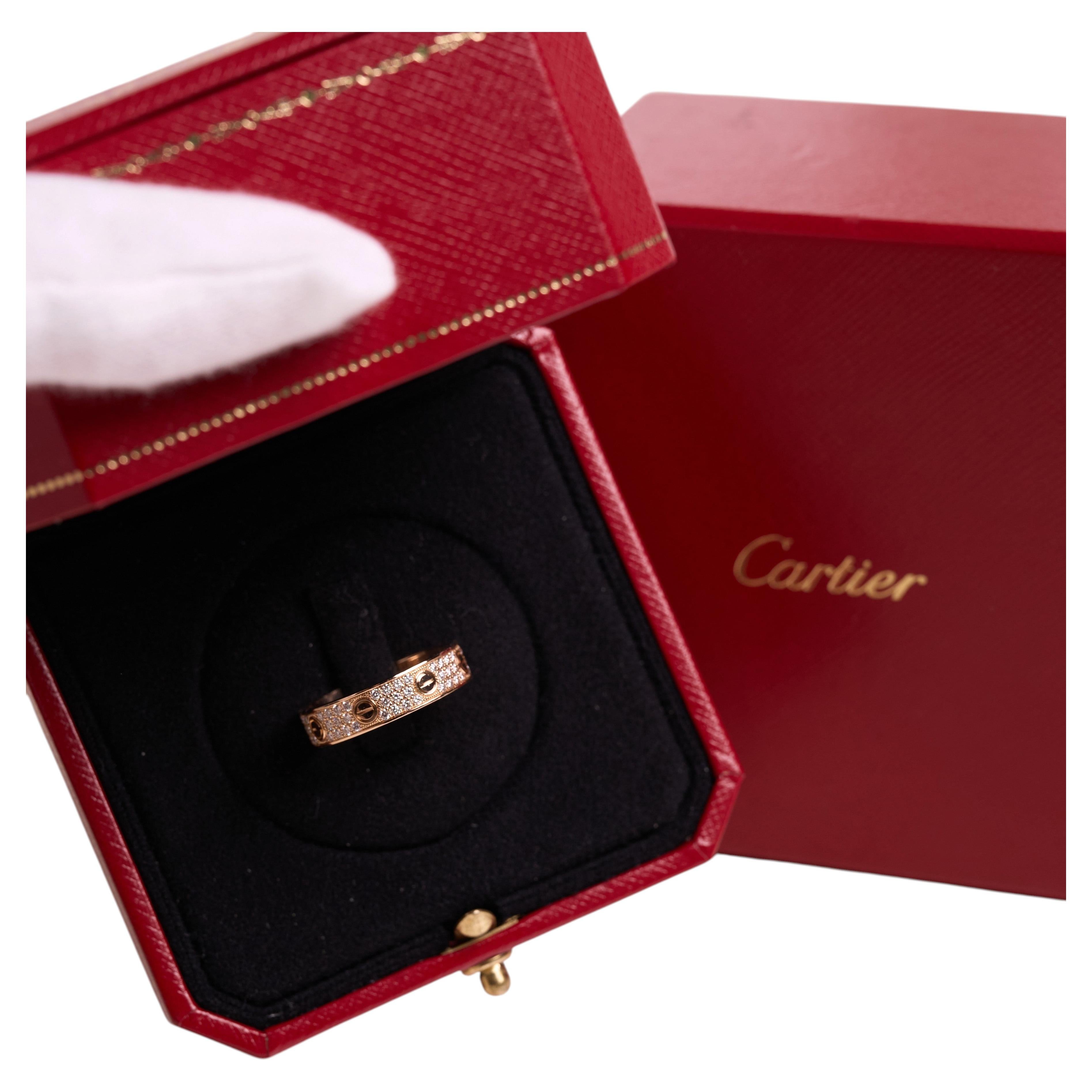 Cartier Love Ring 18K Rose Gold 3 Rows Pave Diamond Band Size 7 (55) Full Set