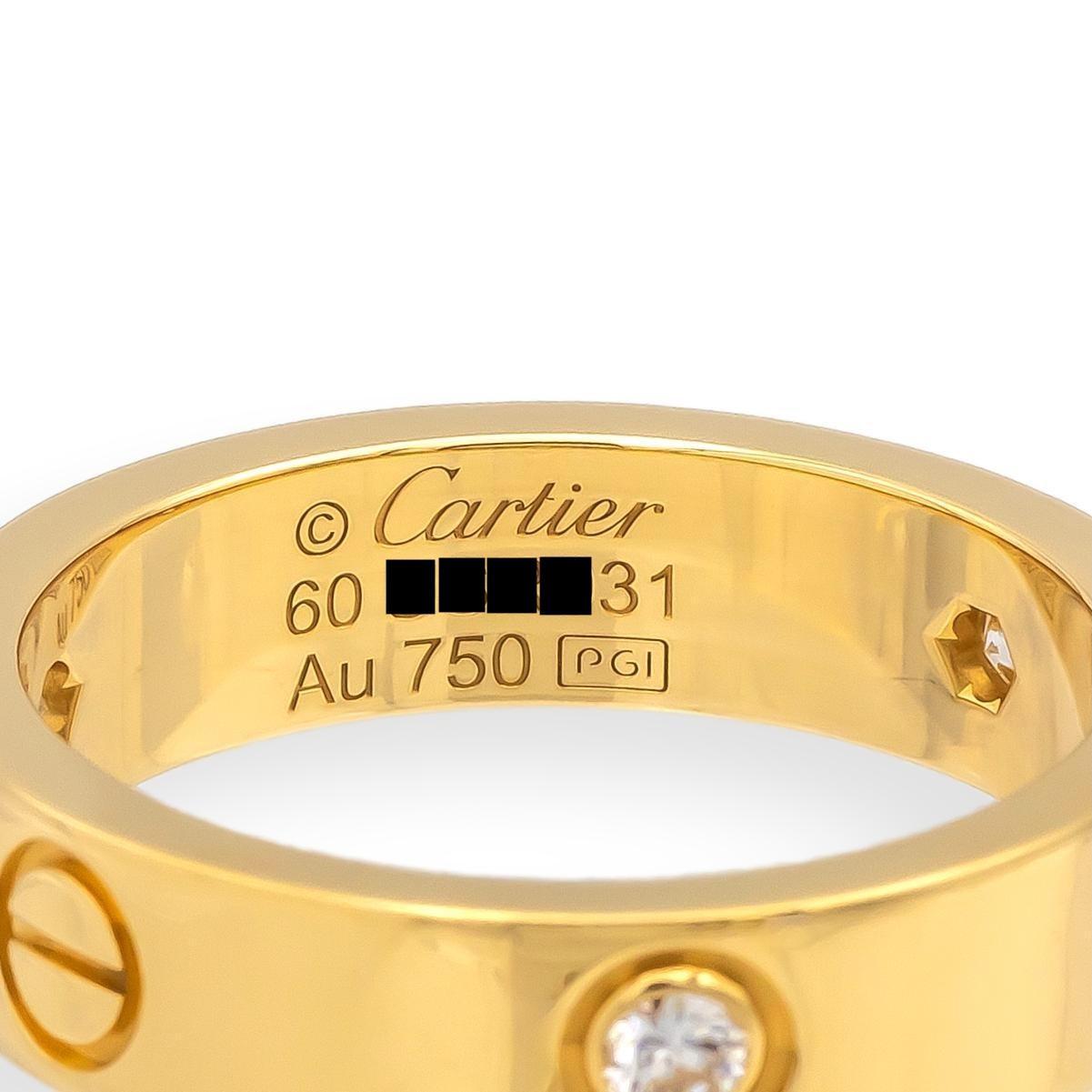 Cartier Love Ring 18K Yellow Gold 3 Diamonds Band Size 60  US 9.25 Box & Papers (Zeitgenössisch) im Angebot