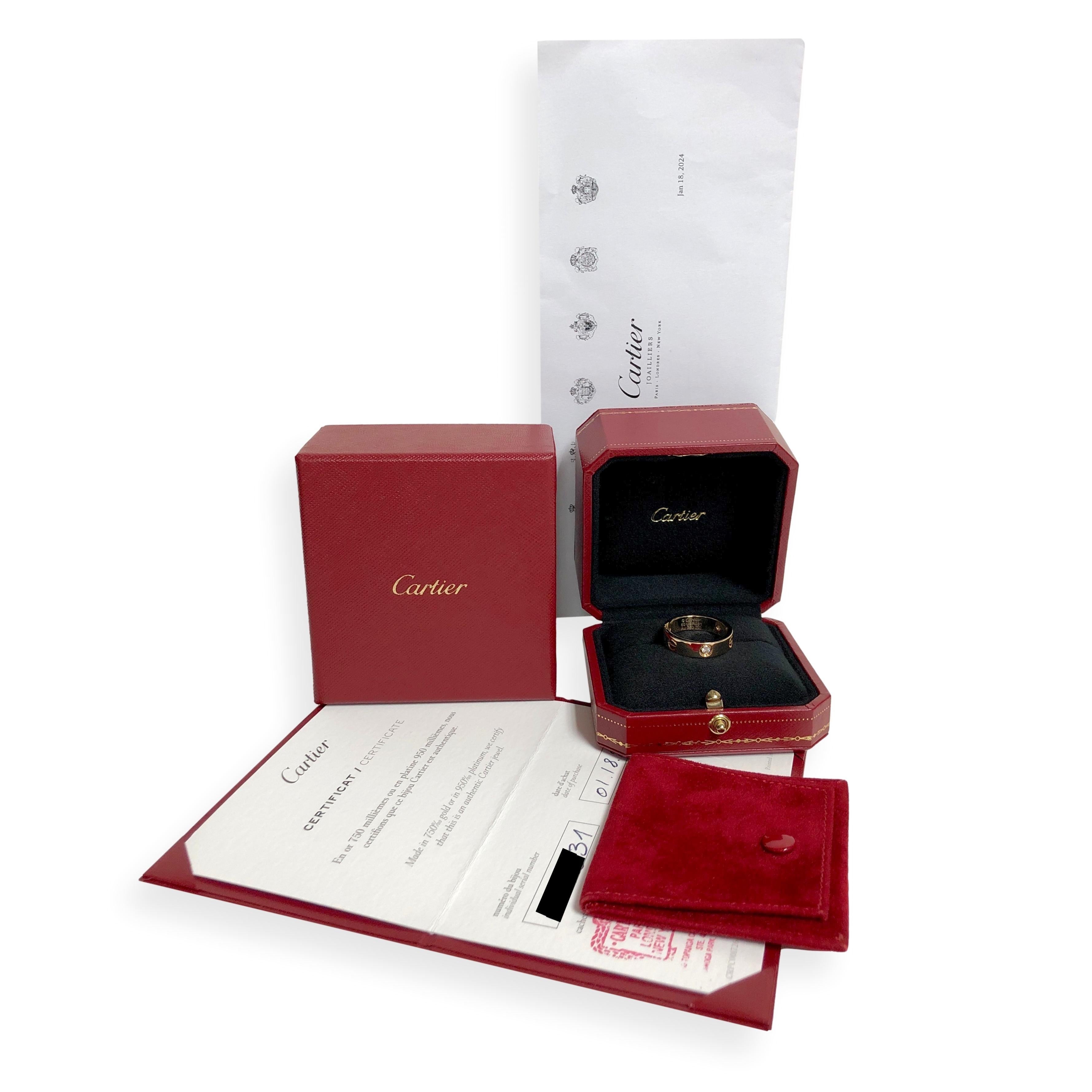 Cartier Love Ring 18K Yellow Gold 3 Diamonds Band Size 60  US 9.25 Box & Papers im Angebot 1