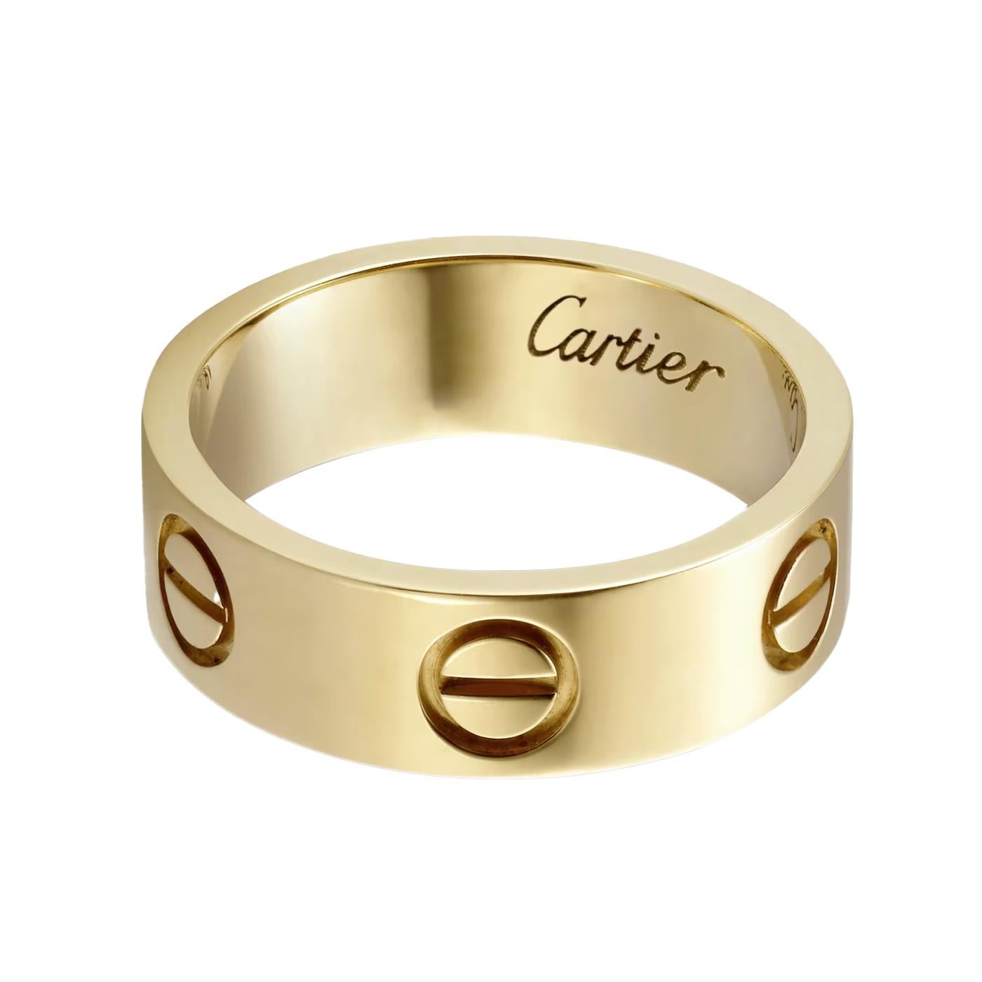 LOVE ring, 18K yellow gold (750/1000). Width: 5.5 mm (for size 50).

Details:
Brand: Cartier
Style: Love Ring
Material: 18K Yellow Gold
Cartier Size: 50 (USA Size 5.5)
Theme: Romantic, Love
Scope of Delivery: Box and Papers
Purchased: