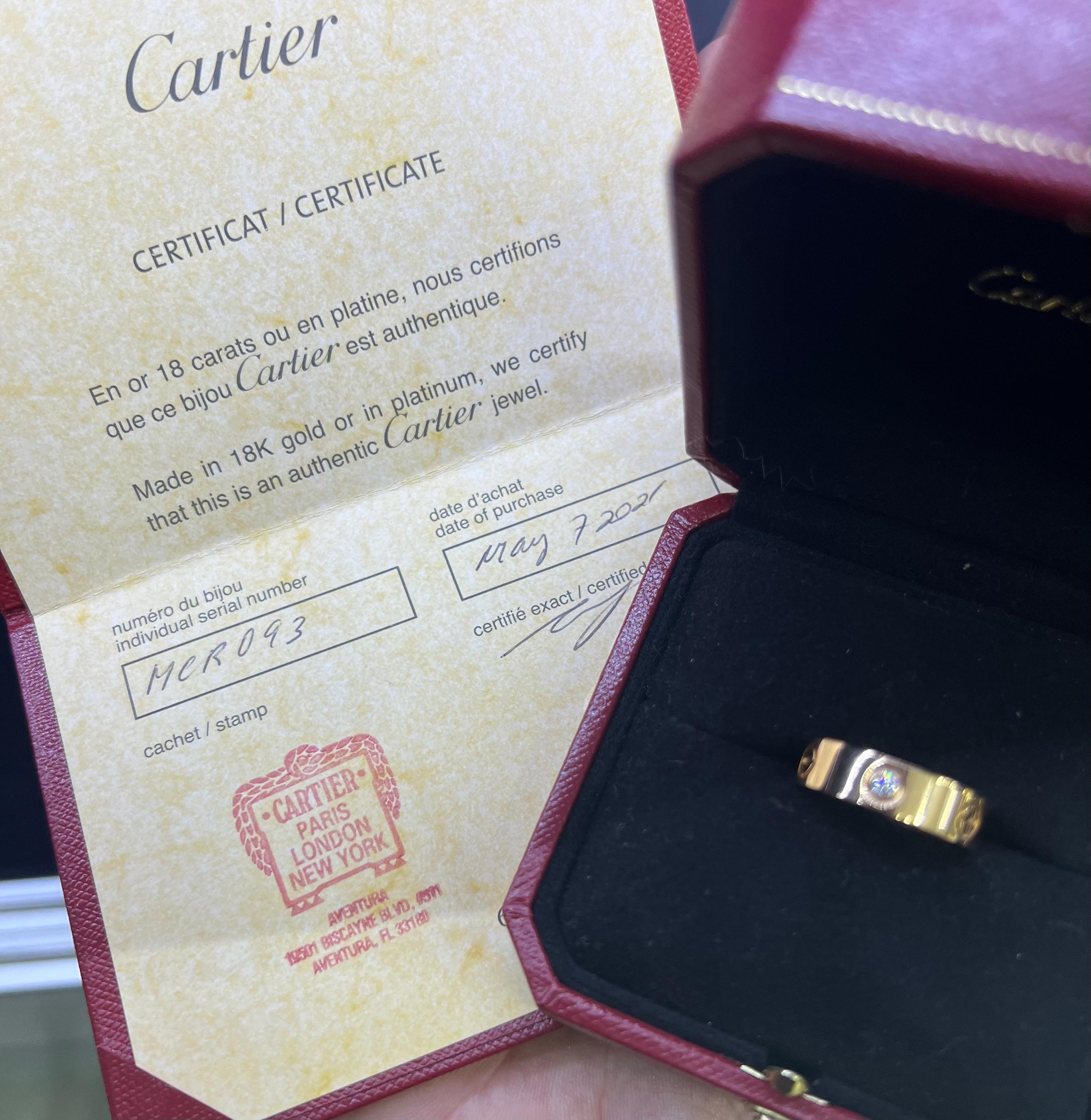 Cartier Love Ring 3 Diamond 18k Rose Gold Size 6.5  In Excellent Condition For Sale In MIAMI, FL