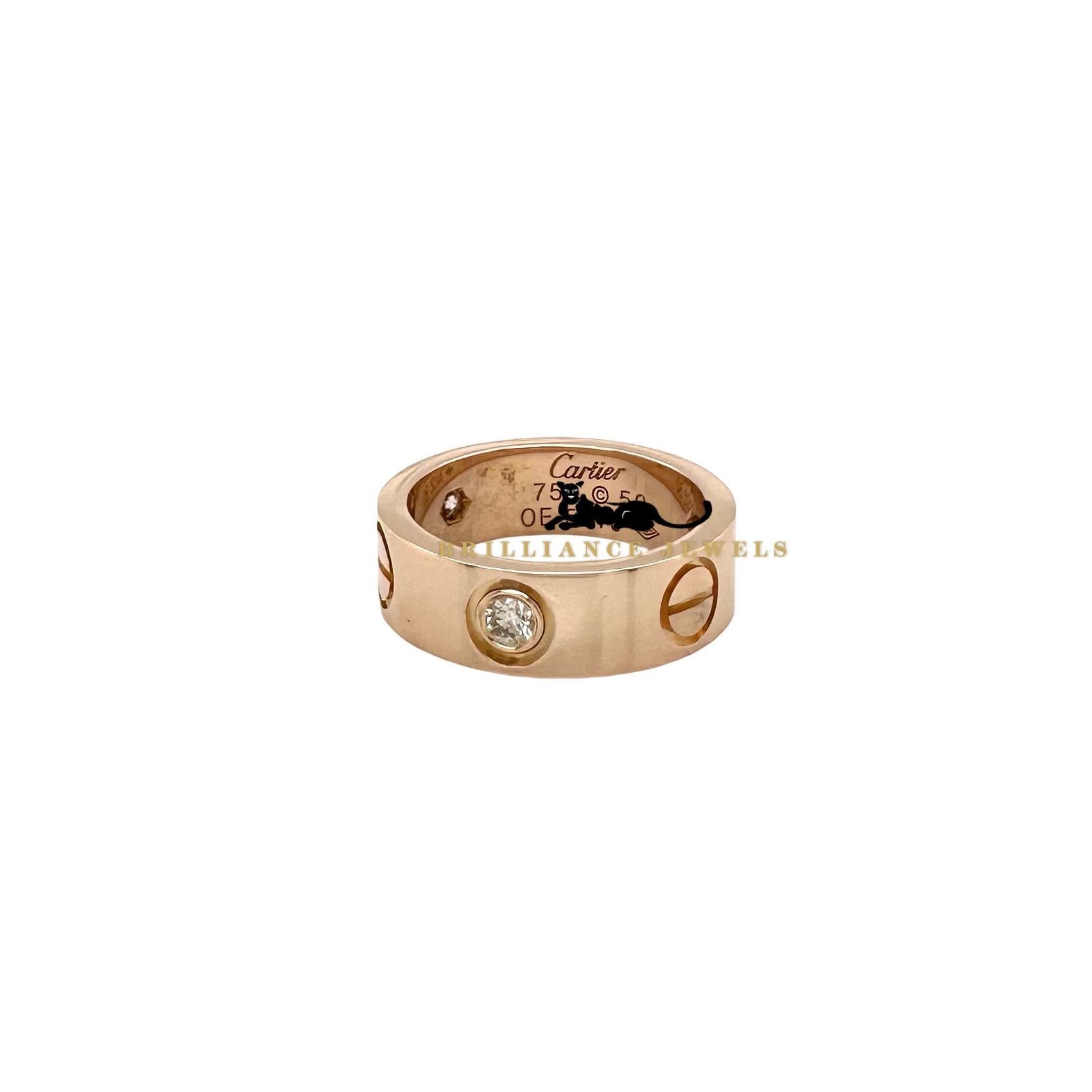 Designer: Cartier
Collection: LOVE
Style: Band Ring
Metal: Rose Gold
Metal Purity: 18k
Ring Size: 50 (euro) ; 5.25 (US)
Stones: 3 Round Brilliant Cut Diamonds
Hallmarks: Cartier, Serial No., Au750 50
Includes: 24 Months Brilliance Jewels