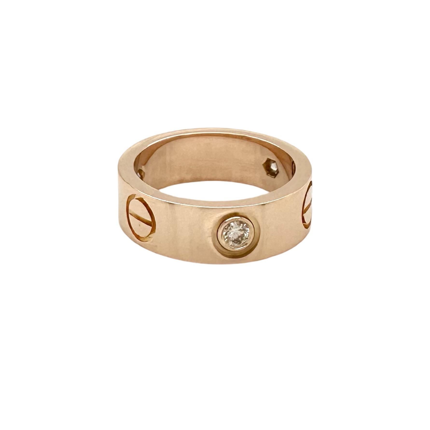 Cartier Love Ring, 3 Diamonds in 18k Rose Gold Size 50 In Excellent Condition For Sale In Miami, FL