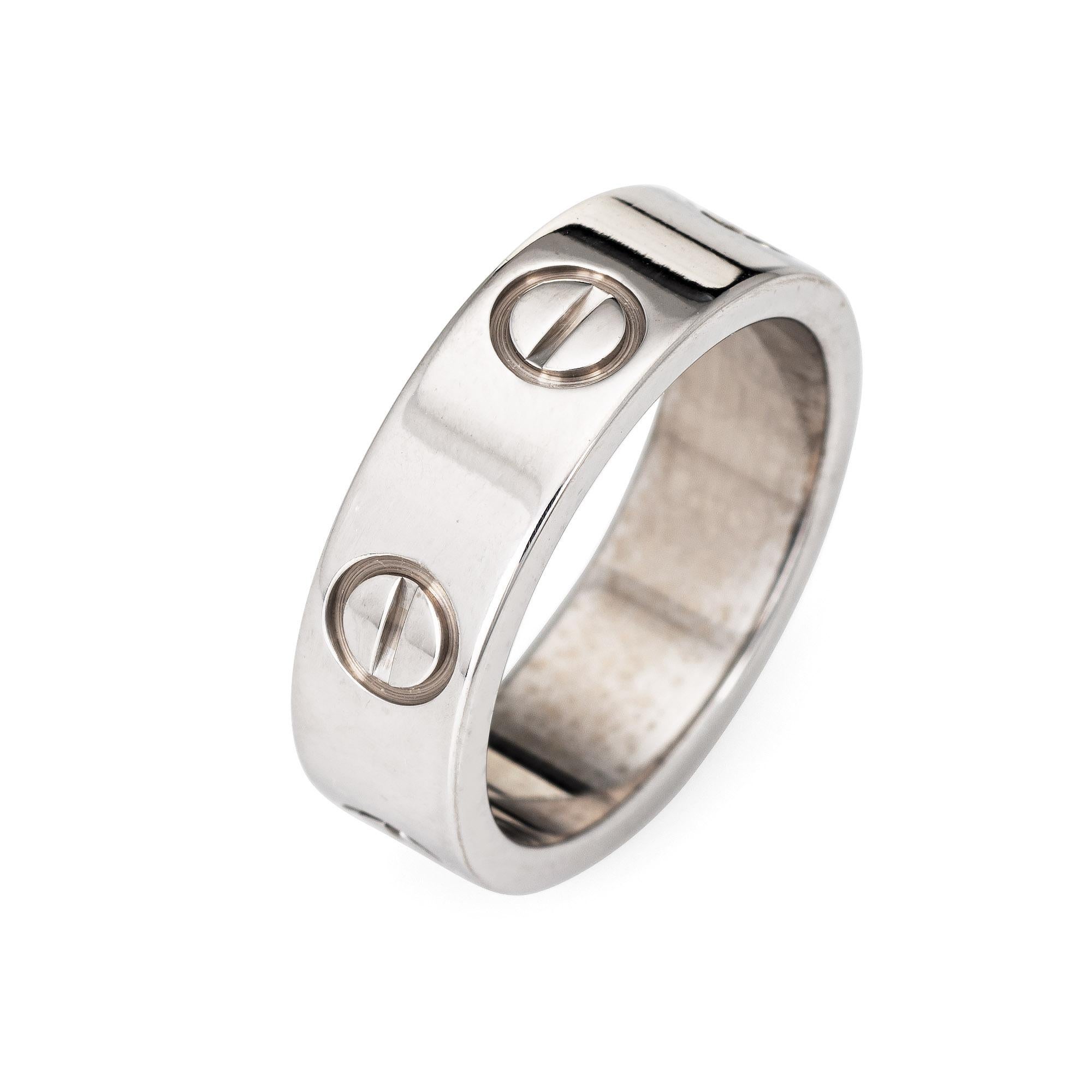 Cartier love wedding band crafted in 18 karat white gold.  

The ring currently retails for $1,840 (plus taxes).

The ring is in very good condition and was recently professionally cleaned and polished. Cartier box included.

Particulars:

Weight: