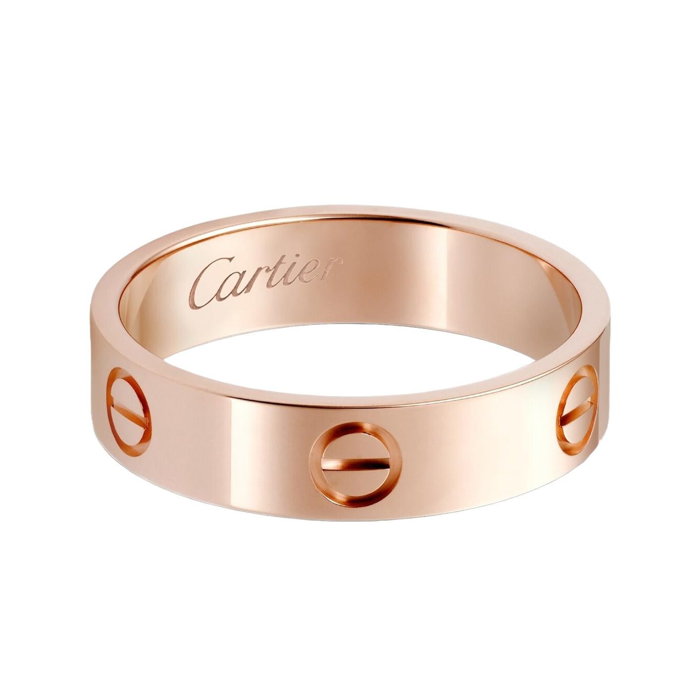 LOVE Ring, Rose Gold (750/1000). Width: 5.5 mm (for size 57).

Details:
Brand: Cartier
Style: Love Ring
Material: Rose Gold
Cartier Size: 57
Theme: Romantic, Love
Scope of Delivery: Box and Papers
Condition: New
Purchased: 2021

Occasion: