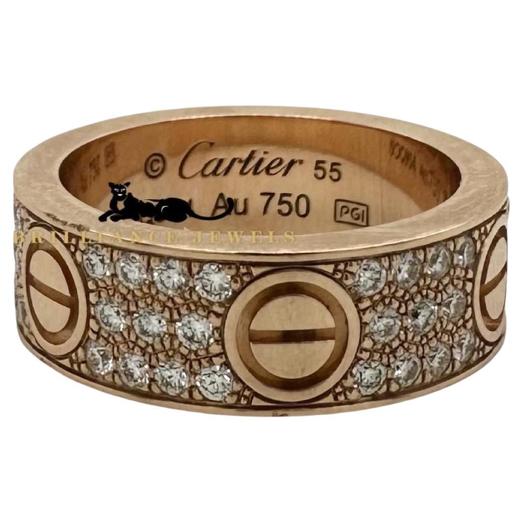 Cartier Love Ring Diamond-Paved 18k Rose Gold Size 55, 2023 Papers (X-199) For Sale