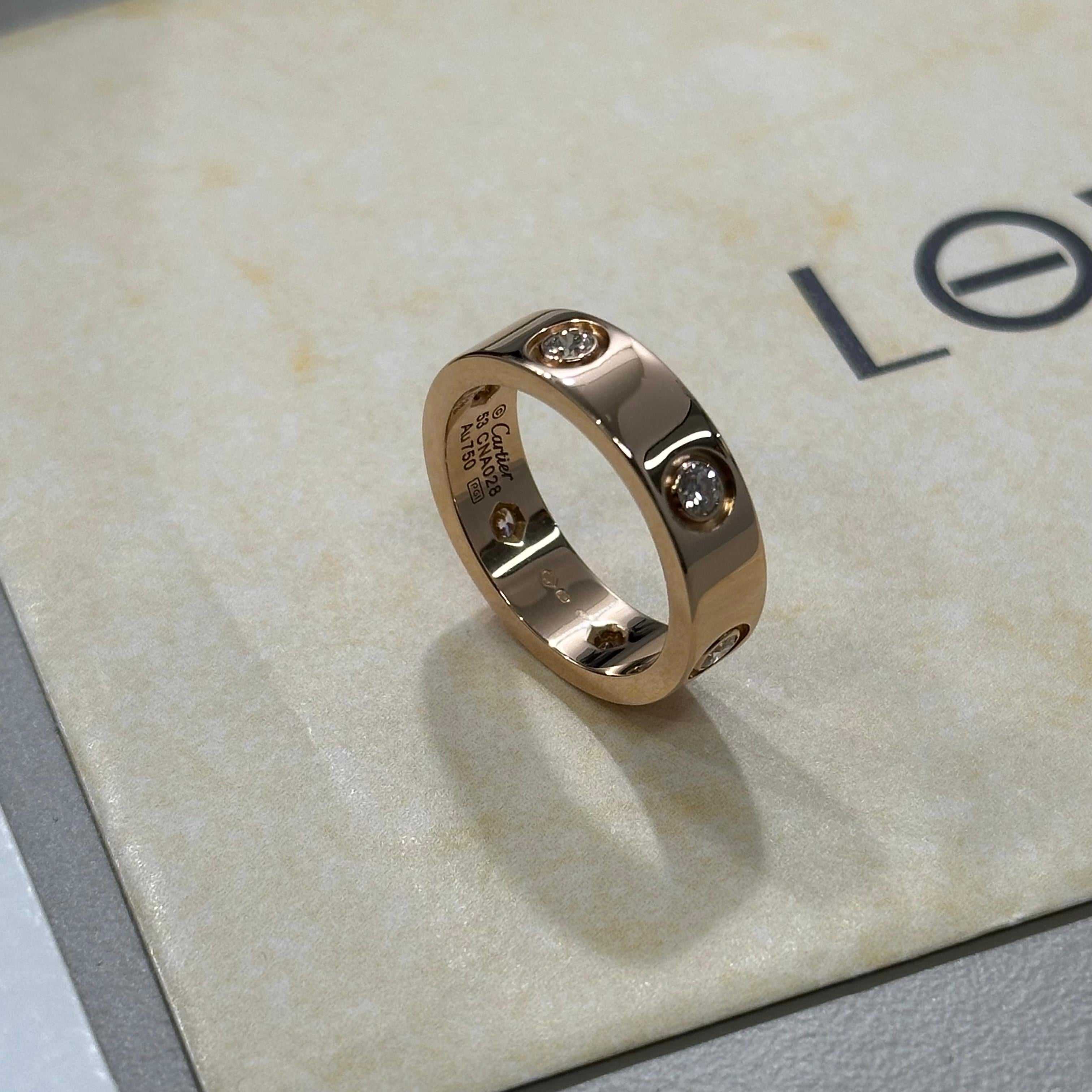 Round Cut Cartier Love Ring Full Diamond Rose Gold Size 53 Box And Papers For Sale