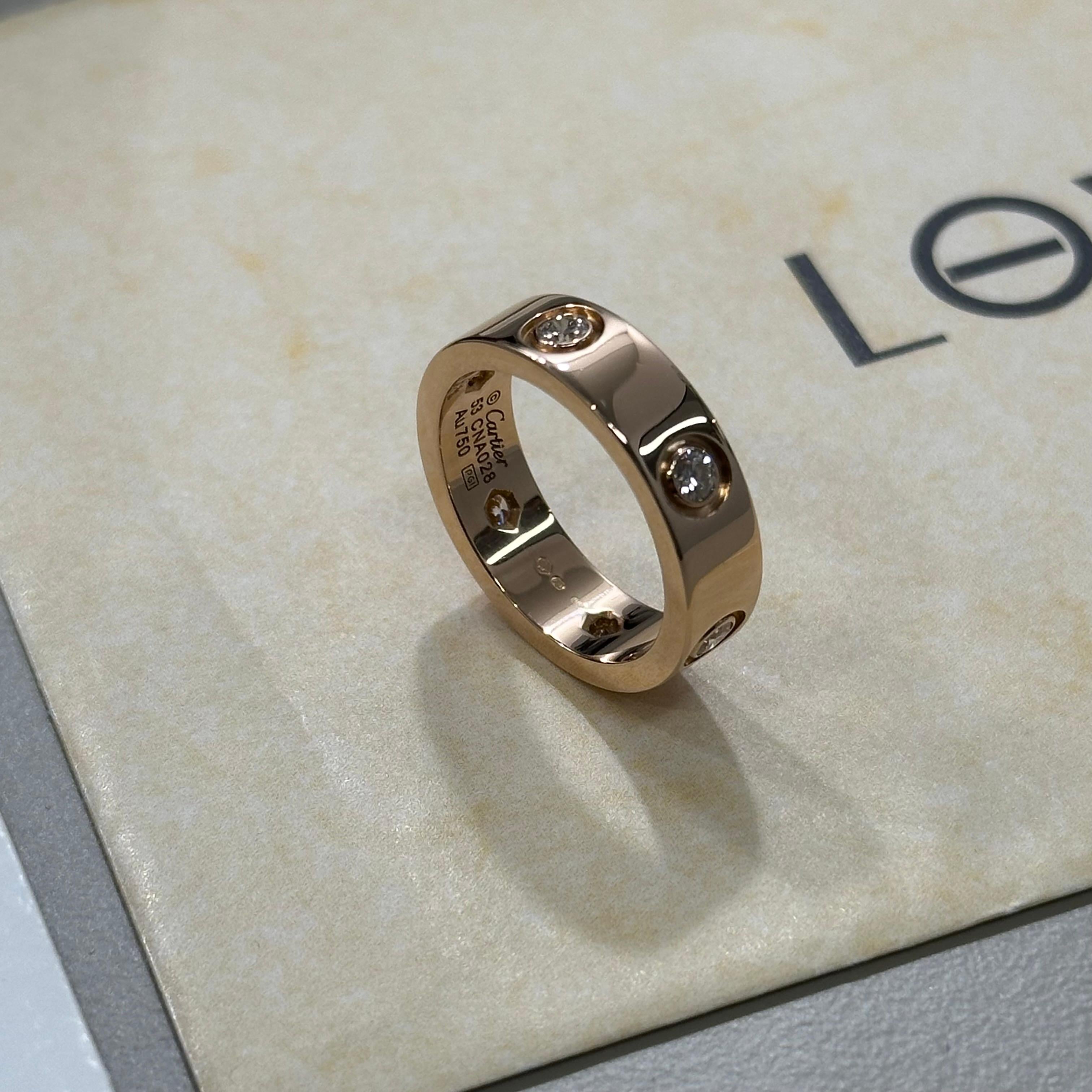 Cartier Love Ring Full Diamond Rose Gold Size 53 Box And Papers In Excellent Condition For Sale In London, GB