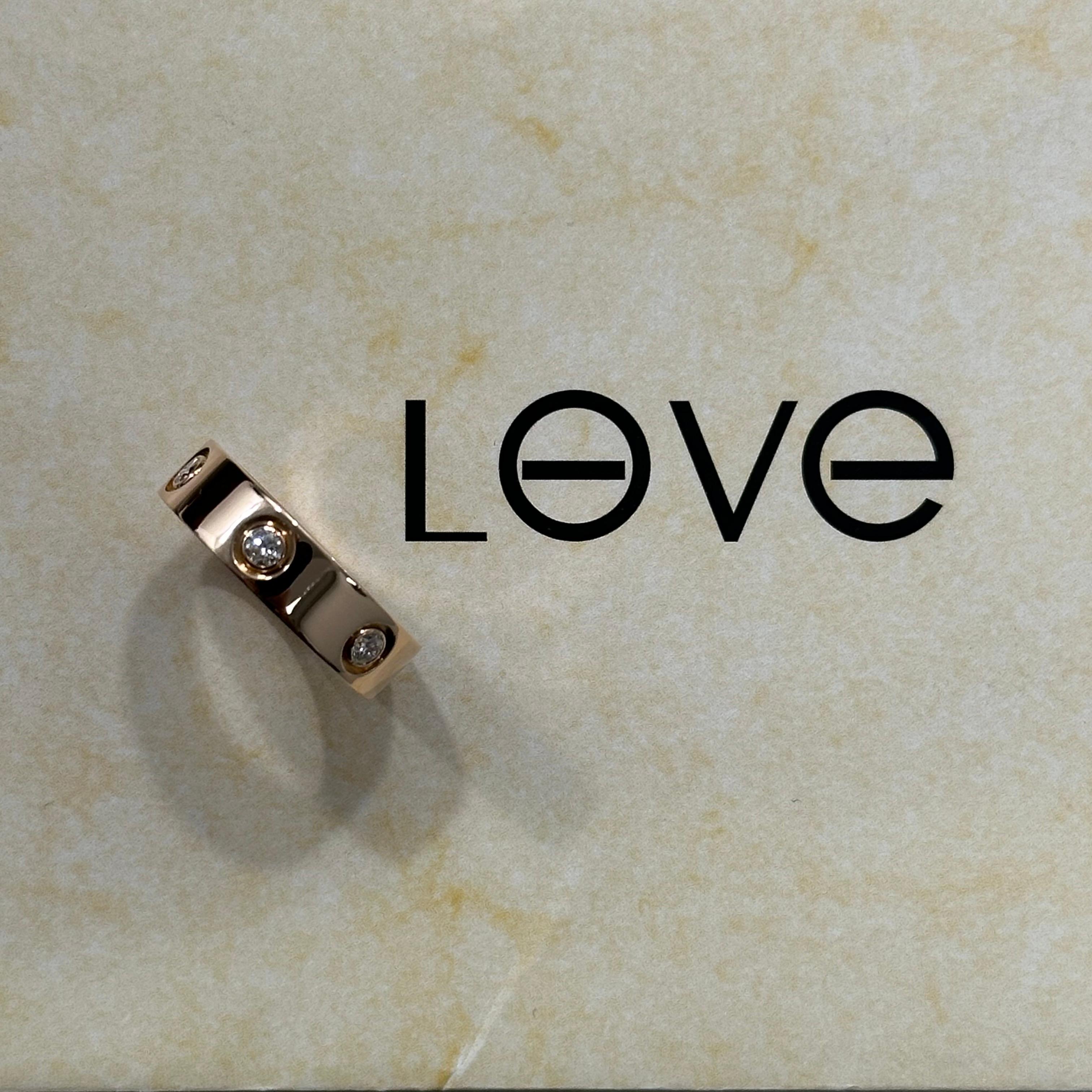 Women's or Men's Cartier Love Ring Full Diamond Rose Gold Size 53 Box And Papers For Sale