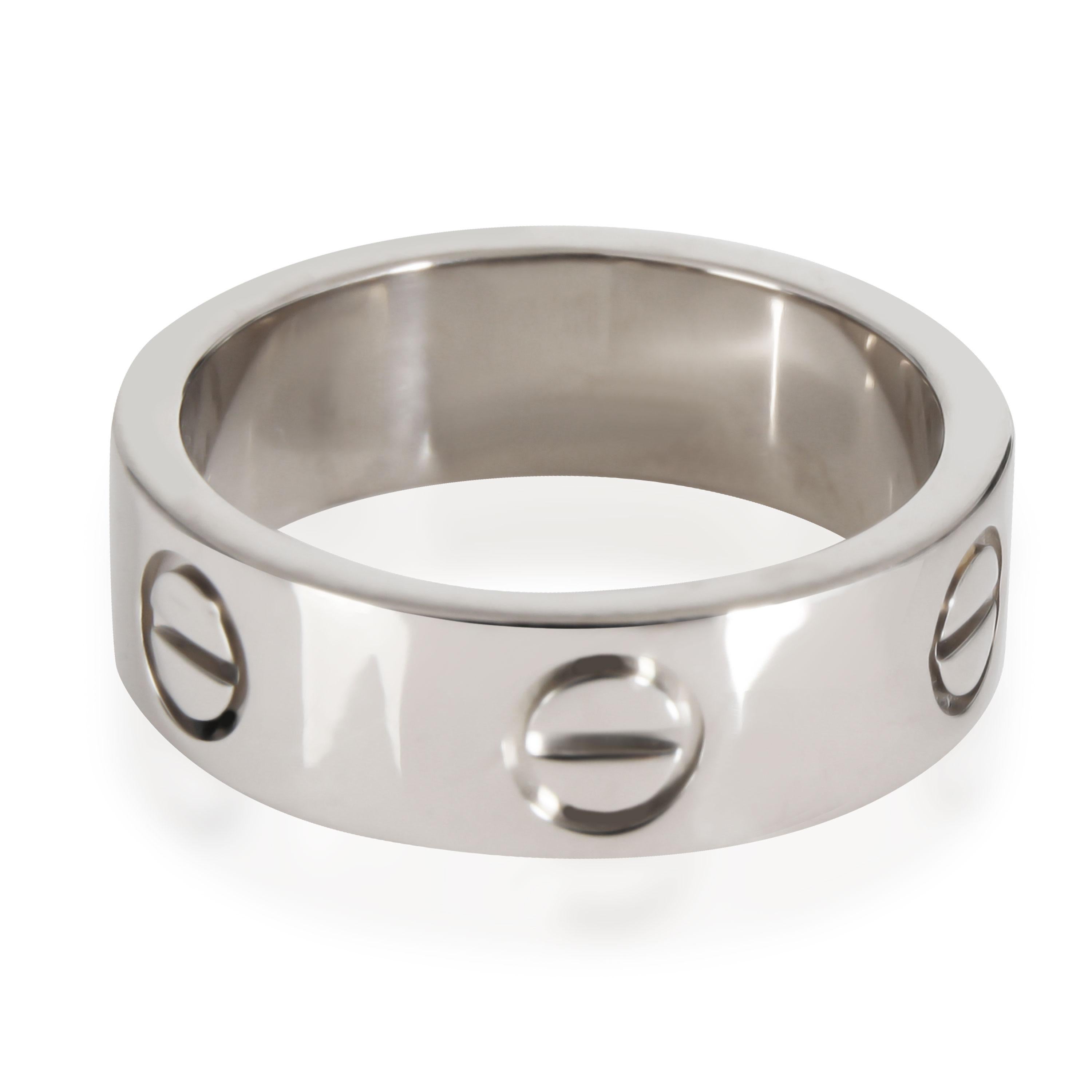 Cartier Love Ring in 18K White Gold

PRIMARY DETAILS
SKU: 111611
Listing Title: Cartier Love Ring in 18K White Gold
Condition Description: Retails for 1950 USD. In excellent condition and recently polished. Ring size is 49.Comes with Certificate of