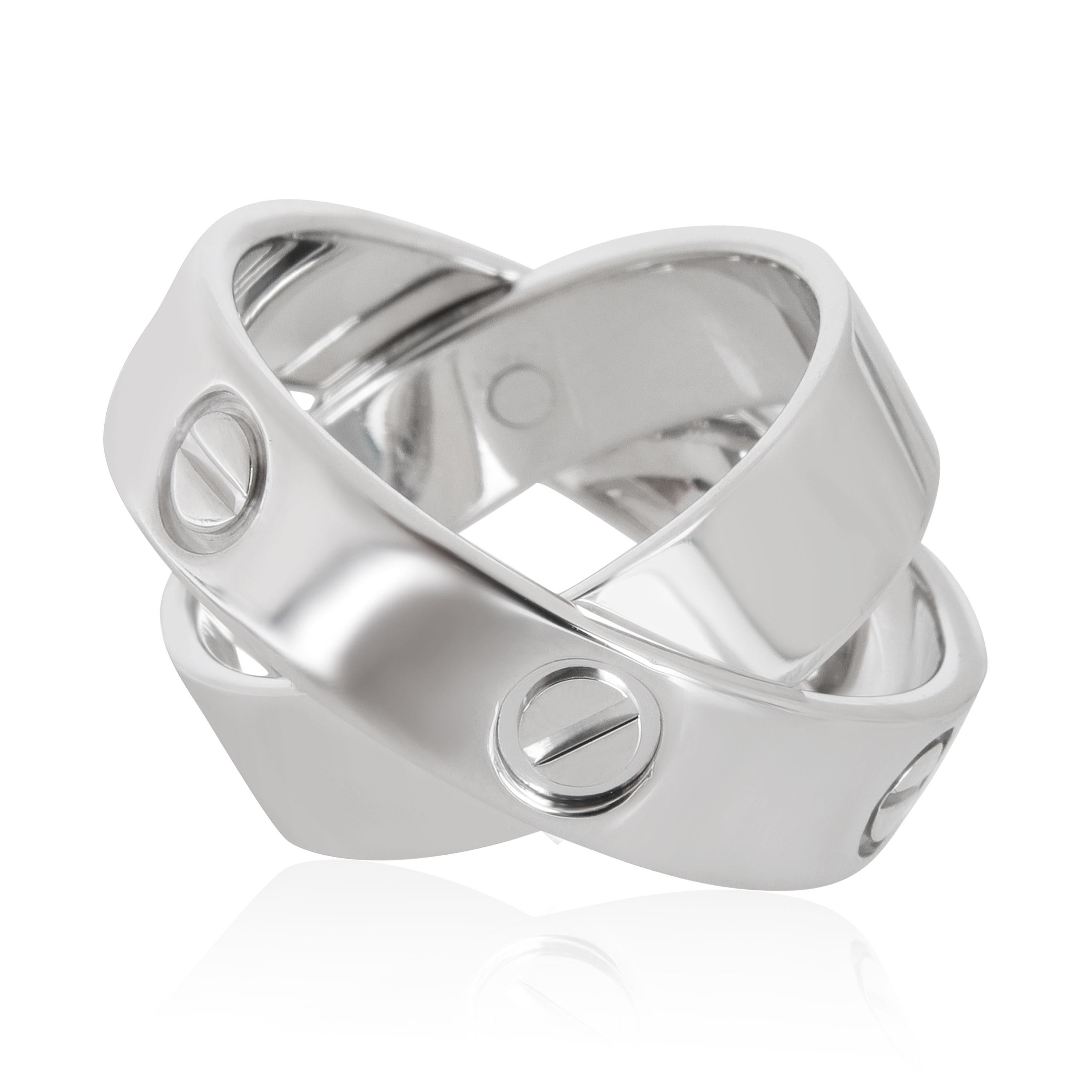 Cartier Love Ring in 18K White Gold

PRIMARY DETAILS
SKU: 112564
Listing Title: Cartier Love Ring in 18K White Gold
Condition Description: Retails for 2300 USD. In excellent condition and recently polished. Ring size is 55.
Brand: