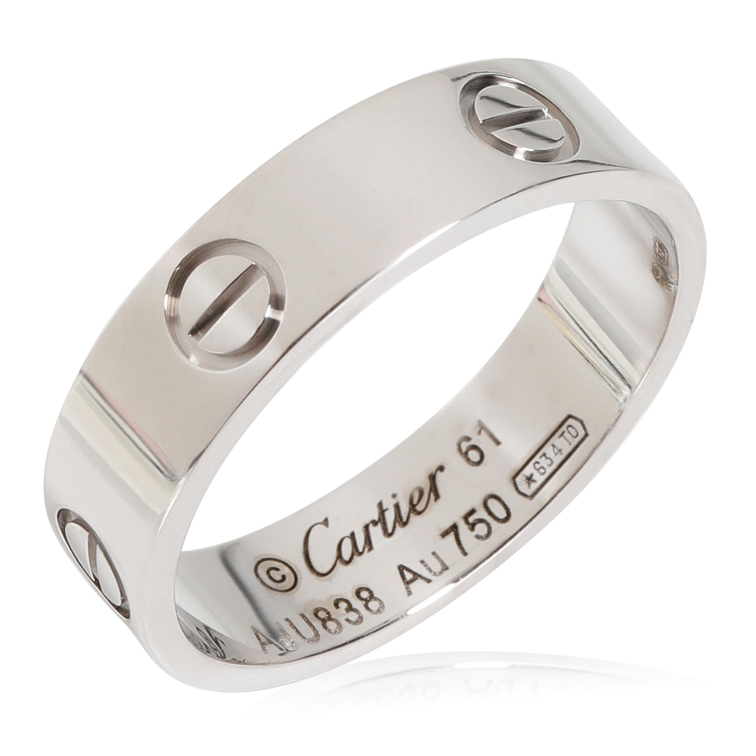 Cartier Love Ring in 18k White Gold

PRIMARY DETAILS
SKU: 115827
Listing Title: Cartier Love Ring in 18k White Gold
Condition Description: Retails for 1950 USD. In excellent condition and recently polished. Ring size is 9.5.
Brand: