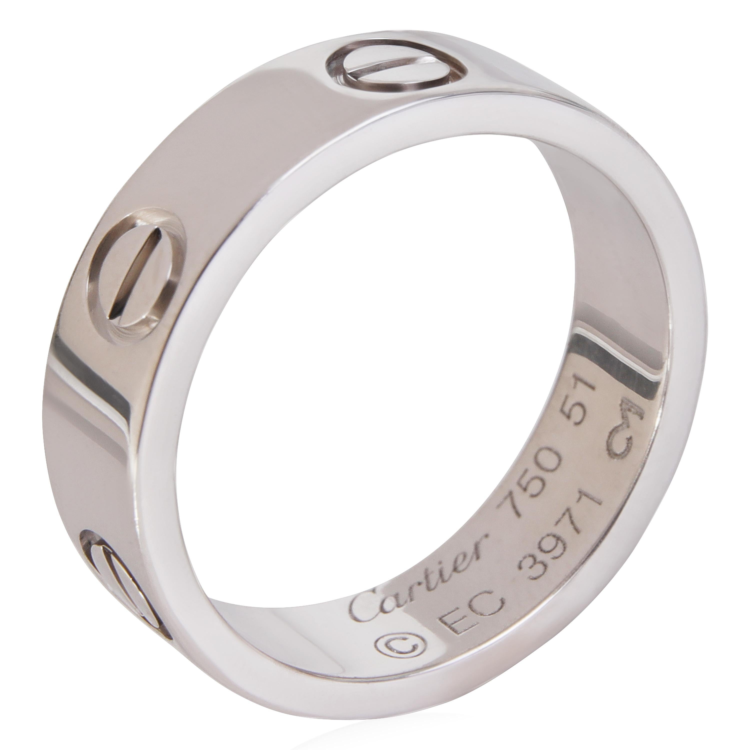 Cartier Love Ring in 18k White Gold

PRIMARY DETAILS
SKU: 120238
Listing Title: Cartier Love Ring in 18k White Gold
Condition Description: Retails for 1950 USD. In excellent condition and recently polished. Ring size is 5.75. Cartier size 51.
Brand: