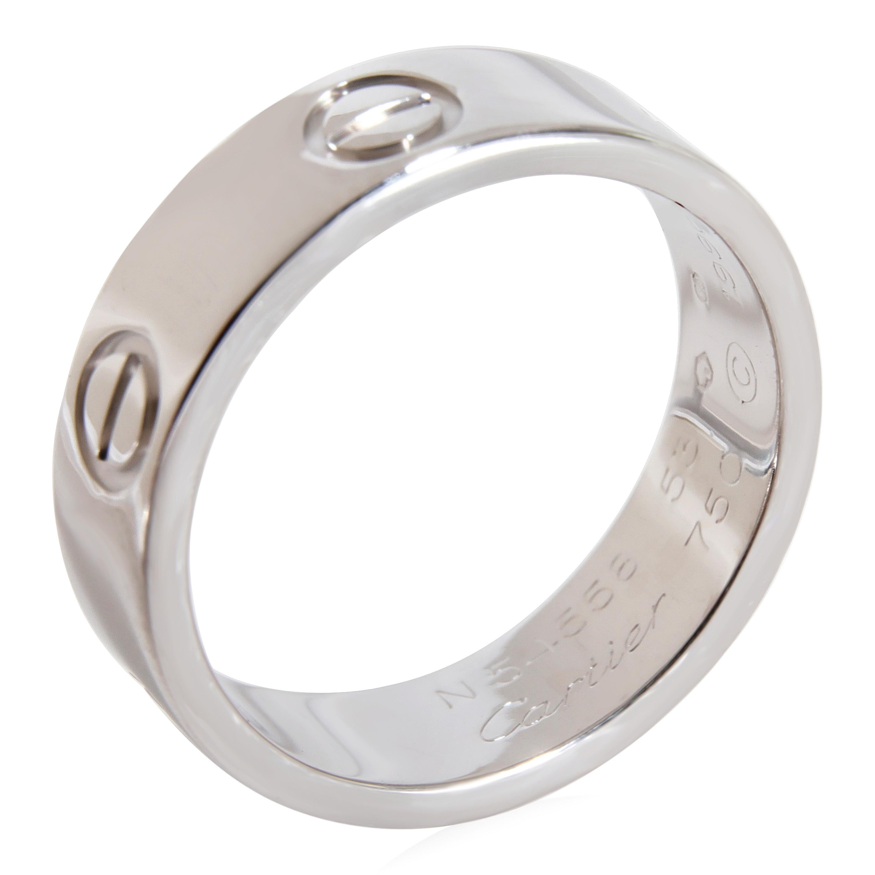 Cartier Love Ring in 18k White Gold

PRIMARY DETAILS
SKU: 121880
Listing Title: Cartier Love Ring in 18k White Gold
Condition Description: Retails for 1950 USD. In excellent condition and recently polished. Ring size is 6.25.Comes with Box;
Brand: