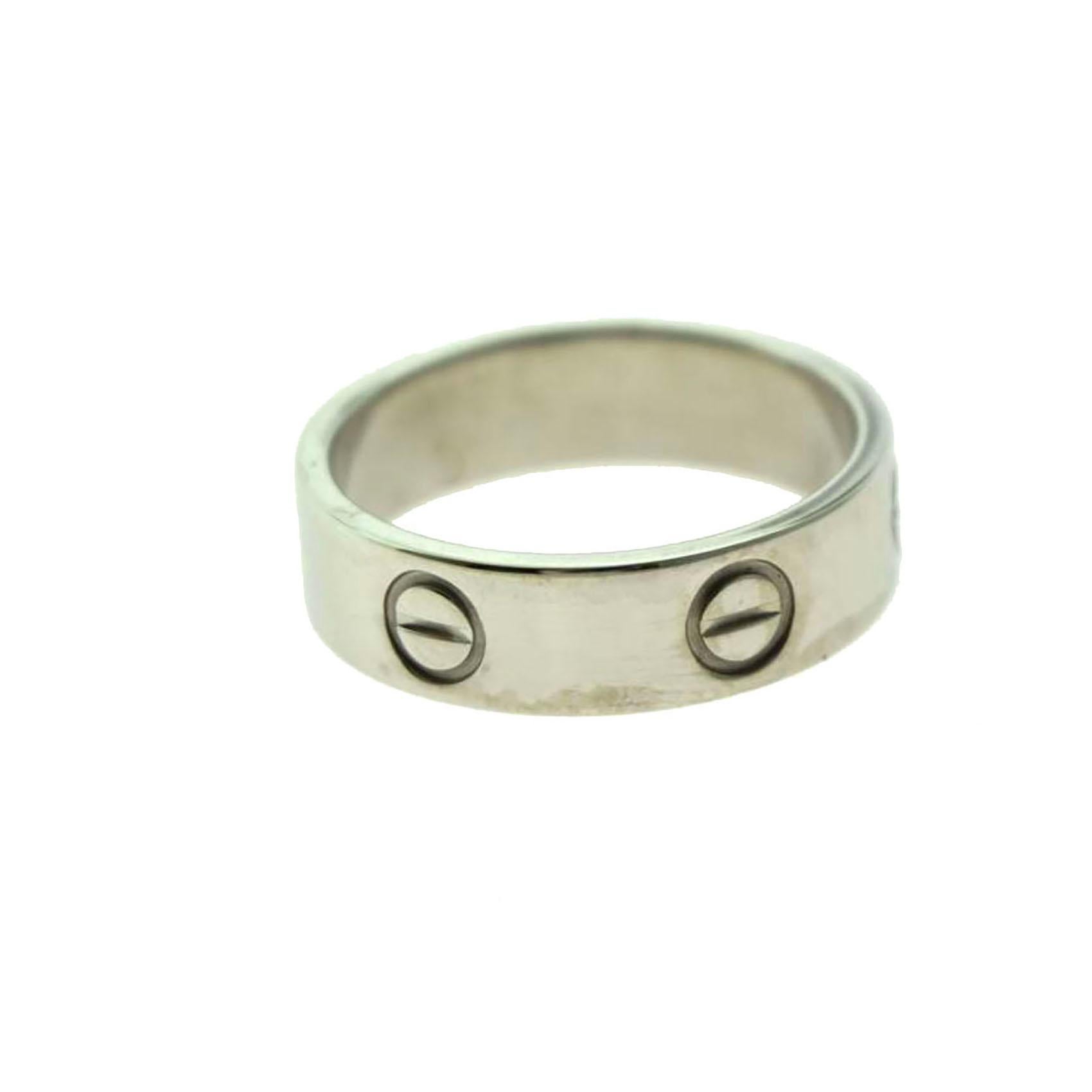 Designer: Cartier

Collection: Love

Style: Ring

Metal: White Gold

Metal Purity: 18k

Ring Size: 55 (euro) ; 7.25 (US)

Includes:  24 Months Brilliance Jewels Warranty

                        Box     

                        Appraisal (upon