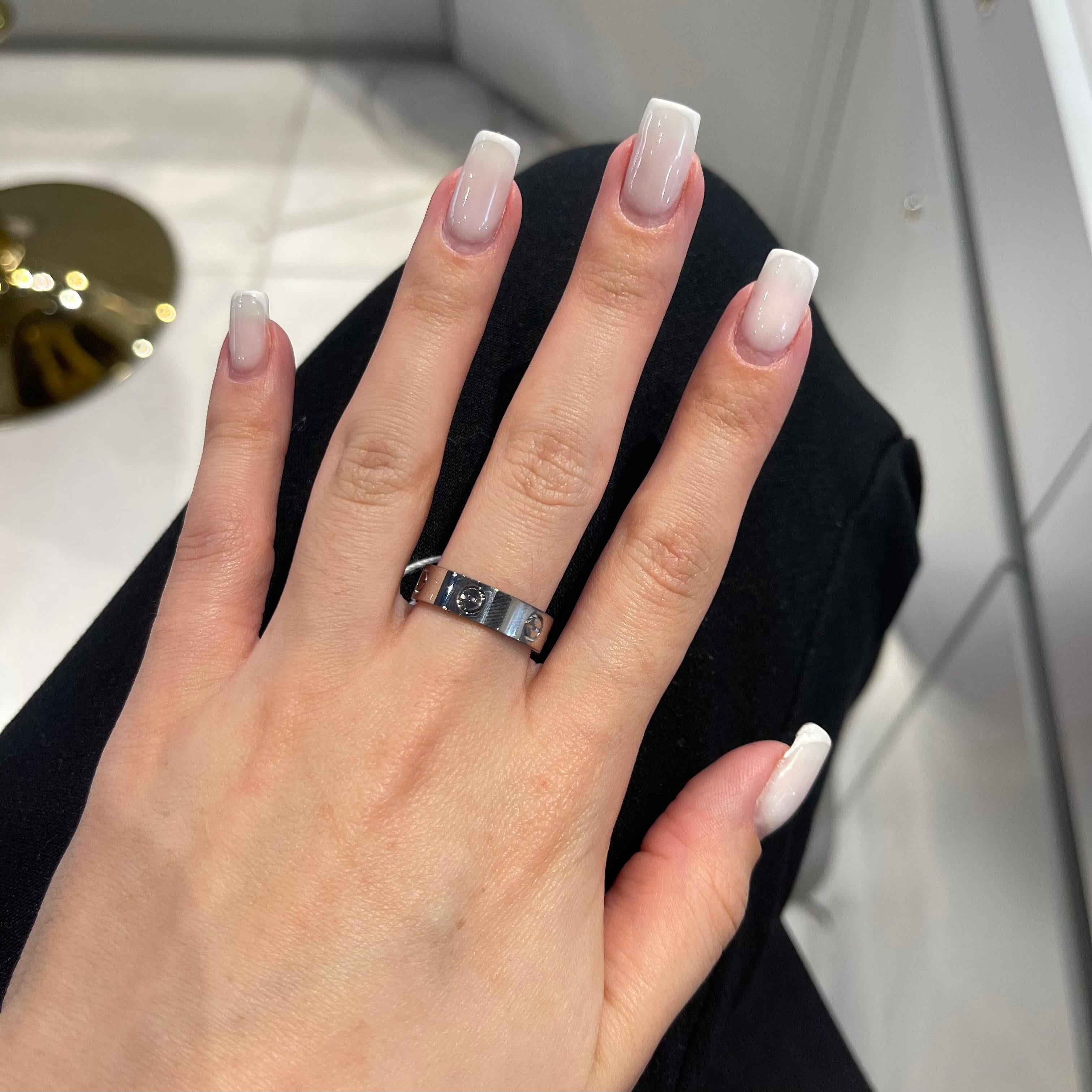 Designer: Cartier

Collection: Love

Style: Ring

Metal: White Gold 

Metal Purity: 18k 

Ring Size : 7.5 US - 56 EU 

​​​​​​​Hallmarks: Cartier; Au750

Includes:  24 Months Brilliance Jewels Warranty

​​​​​​​                     Cartier Box &