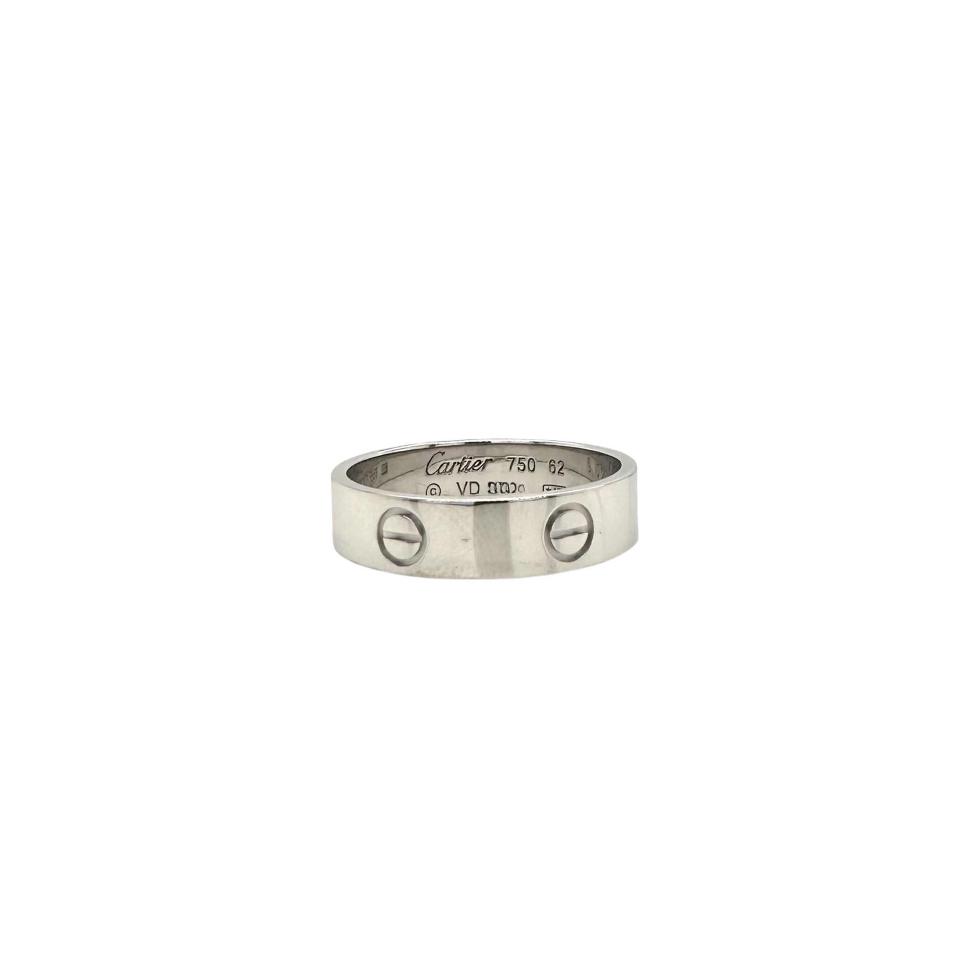 Designer: Cartier
Collection: Love 
Style: Ring
Metal: White Gold
Metal Purity : 18K
Size: 10 (US) ; 62 (euro)
Box/Papers: Yes/Yes
​​​​​​​Includes:  24 Months Brilliance Jewels Warranty
                Cartier Box
              Cartier Certificate