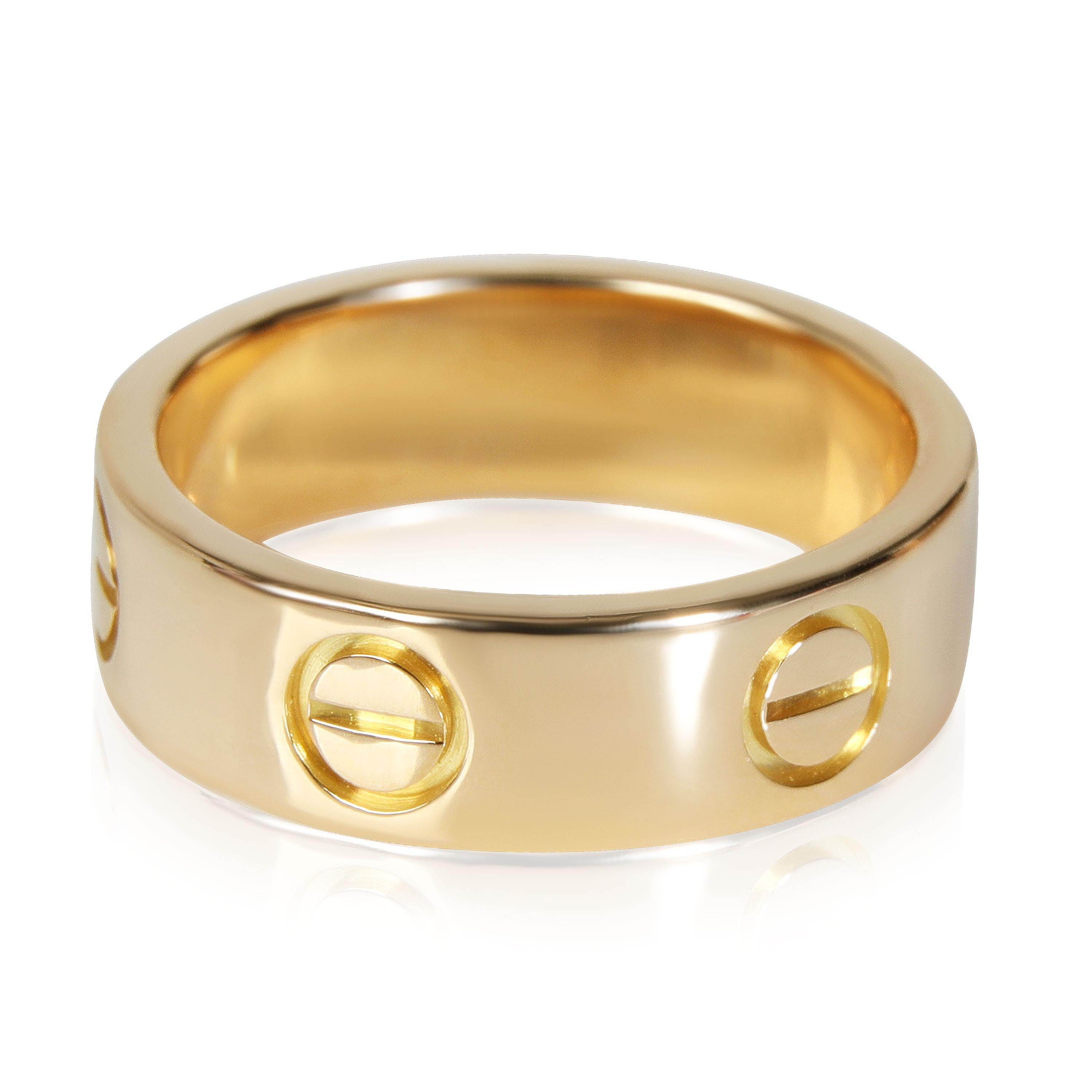 Cartier Love Ring in 18k Yellow Gold

PRIMARY DETAILS
SKU: 115567
Listing Title: Cartier Love Ring in 18k Yellow Gold
Condition Description: Retails for 1820 USD. In excellent condition and recently polished. Ring size is 5.75.Comes with Service