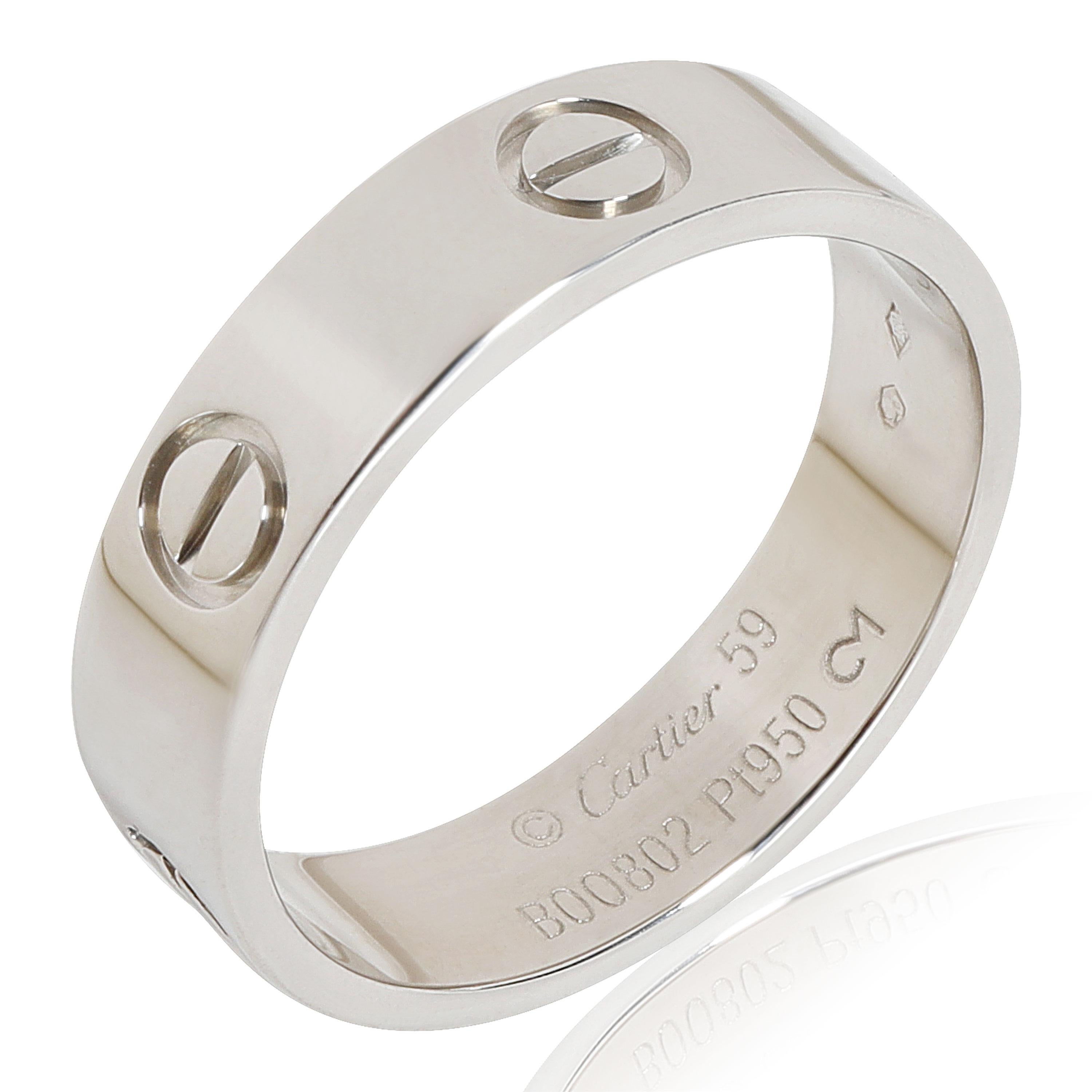 Cartier LOVE Ring in 950 Platinum

PRIMARY DETAILS
SKU: 116125
Listing Title: Cartier LOVE Ring in 950 Platinum
Condition Description: Retails for 4000 USD. In excellent condition and recently polished. Ring size is 8.75.
Brand:
