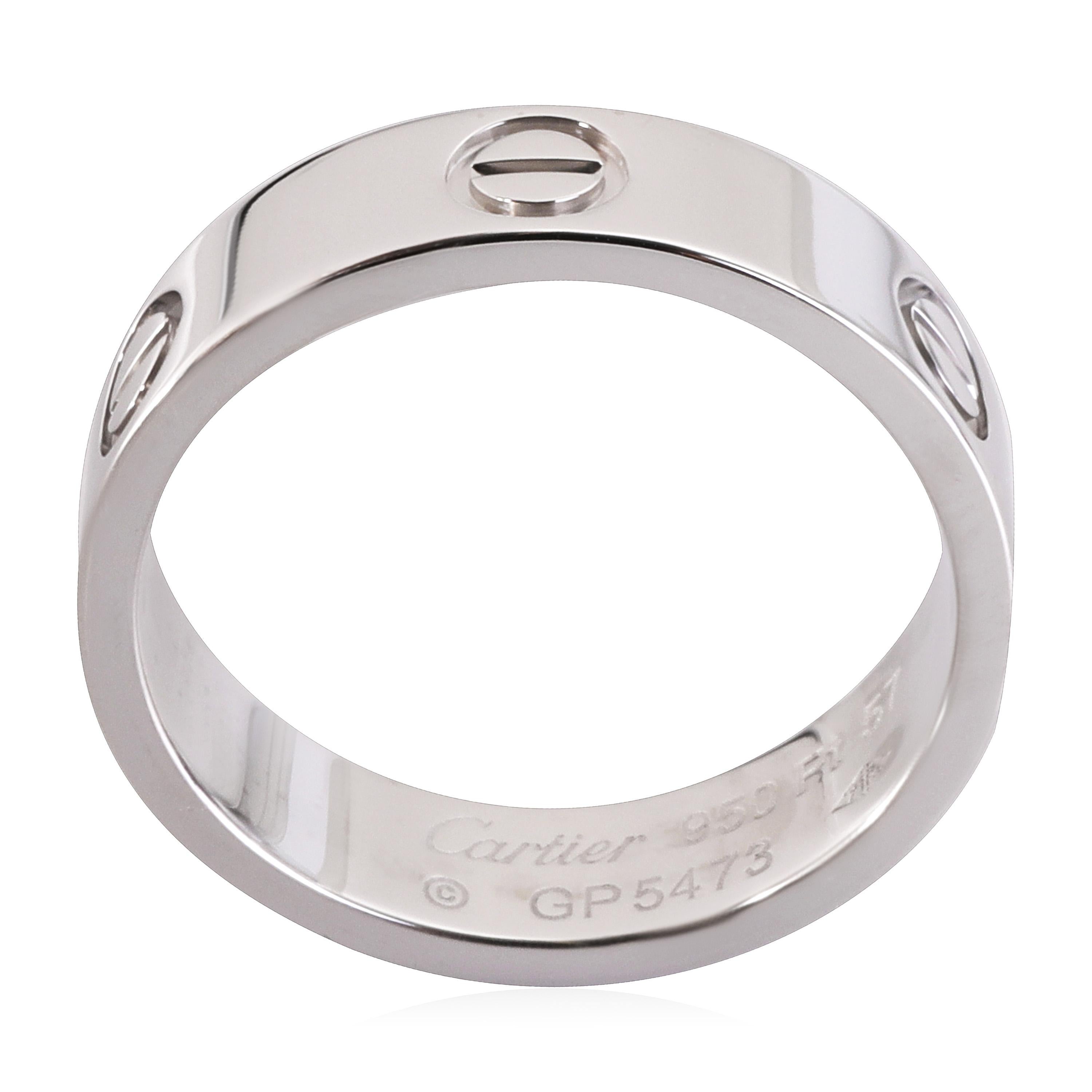 Cartier Love Ring in 950 Platinum

PRIMARY DETAILS
SKU: 119558
Listing Title: Cartier Love Ring in 950 Platinum
Condition Description: Retails for 4000 USD. In excellent condition and recently polished. Ring size is 8.0. Cartier size 57.
Brand: