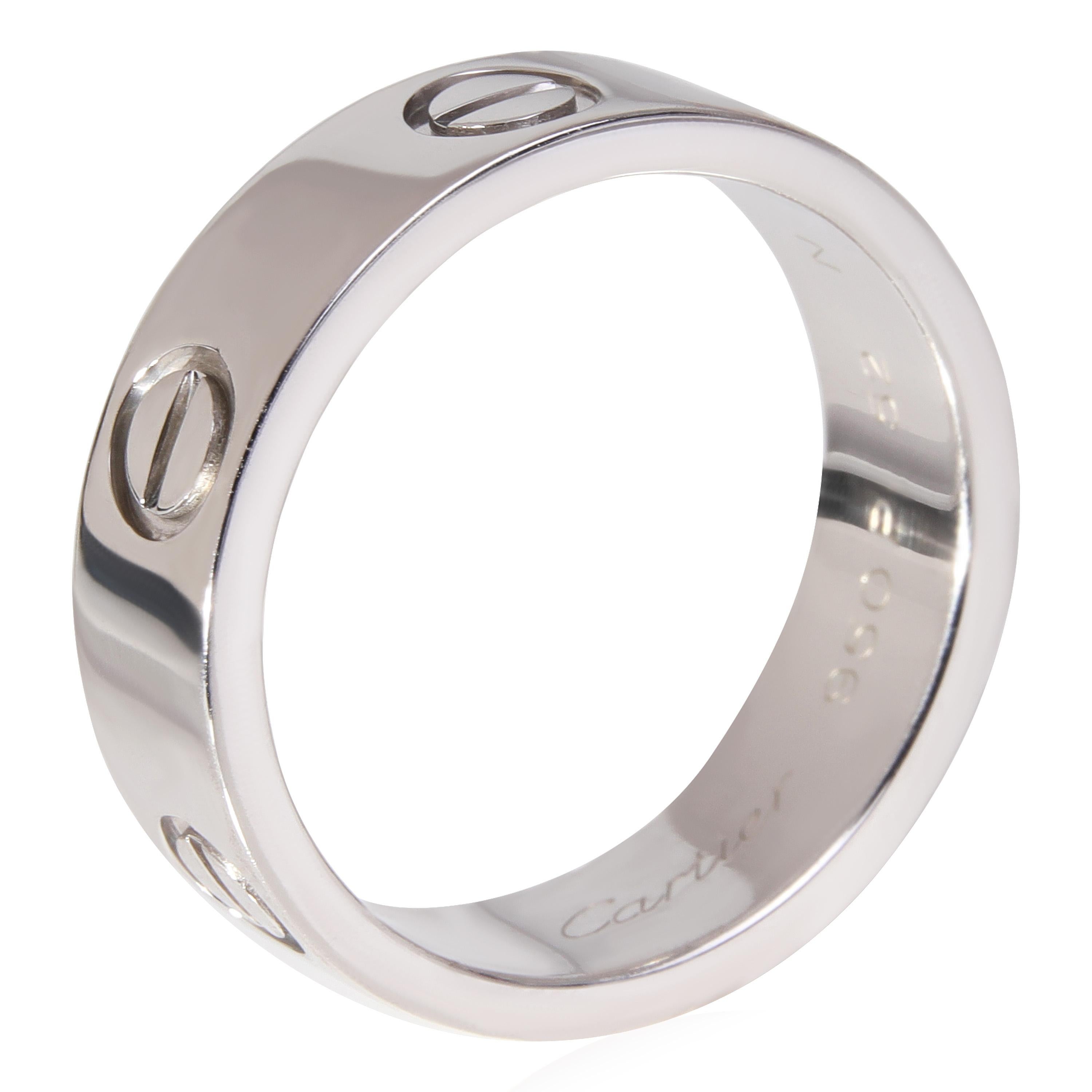 Cartier Love Ring in Platinum

PRIMARY DETAILS
SKU: 120232
Listing Title: Cartier Love Ring in Platinum
Condition Description: Retails for 4000 USD. In excellent condition and recently polished. The ring size is 6.0. Comes with Box;
Brand: