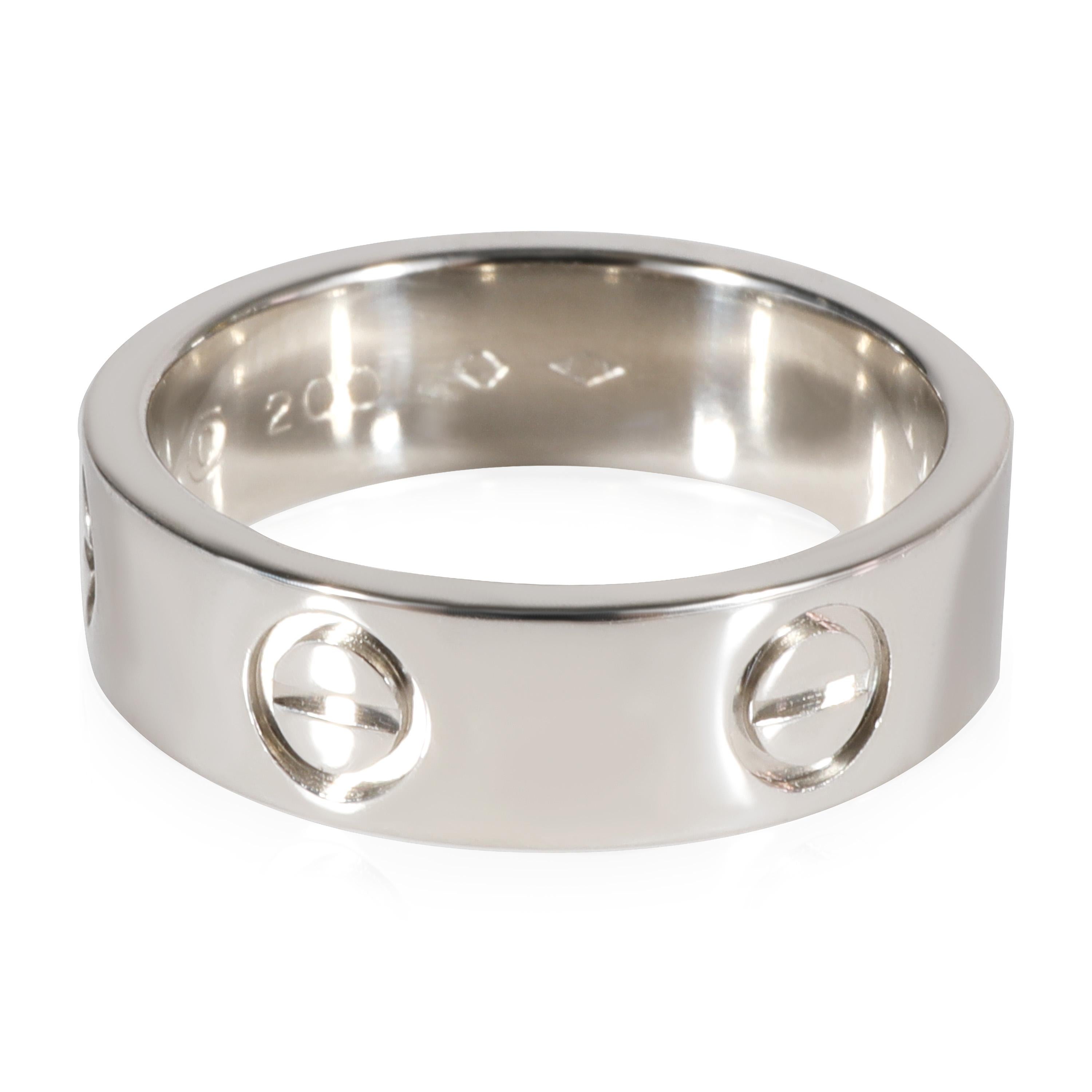 Cartier Love Ring in Platinum

PRIMARY DETAILS
SKU: 123199
Listing Title: Cartier Love Ring in Platinum
Condition Description: Retails for 4000 USD. In excellent condition. Ring size is 6. Cartier size 52.
Brand: Cartier
Collection/Series: